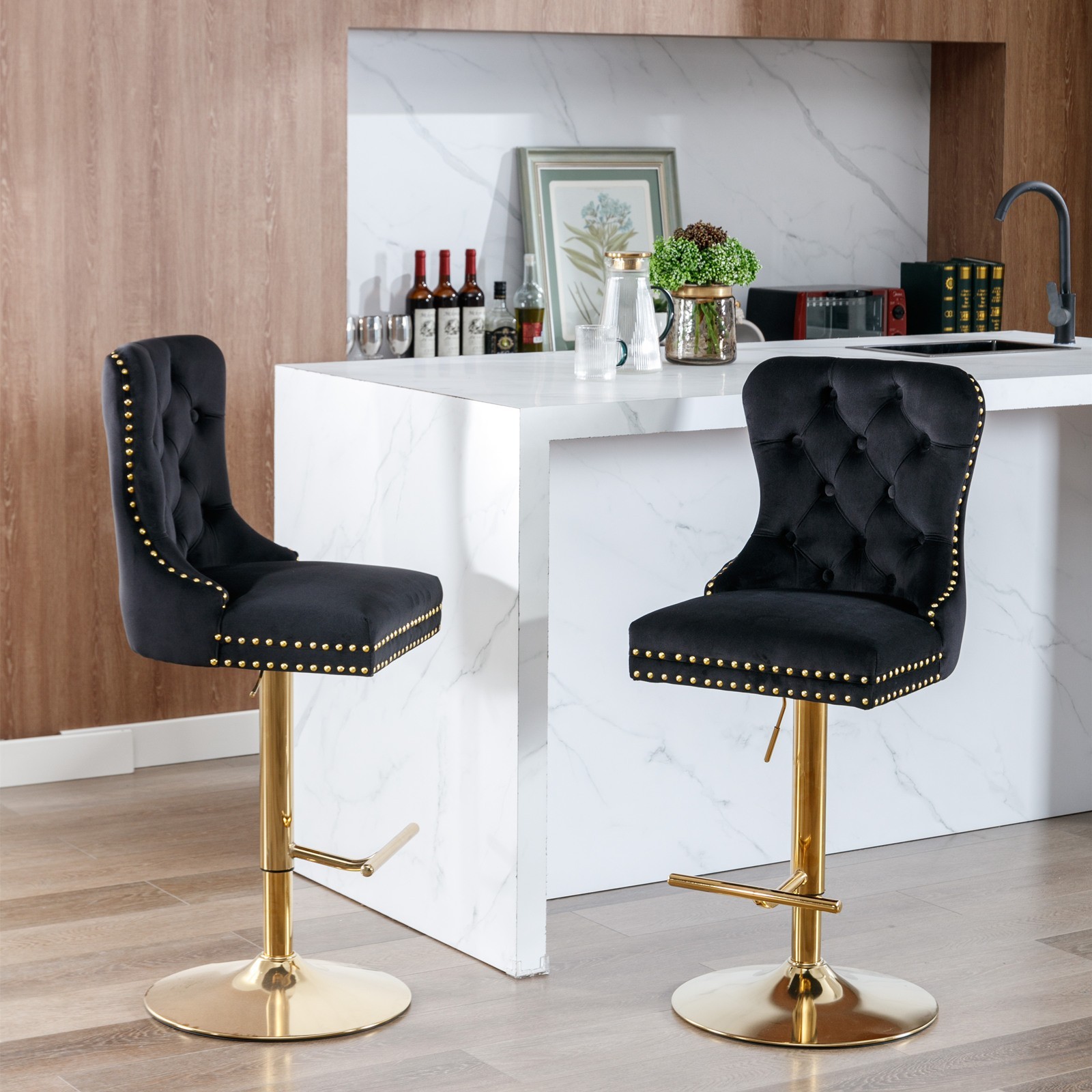 A&A Furniture Golden Swivel Velvet Barstools - Adjustable (27-35"), Tufted