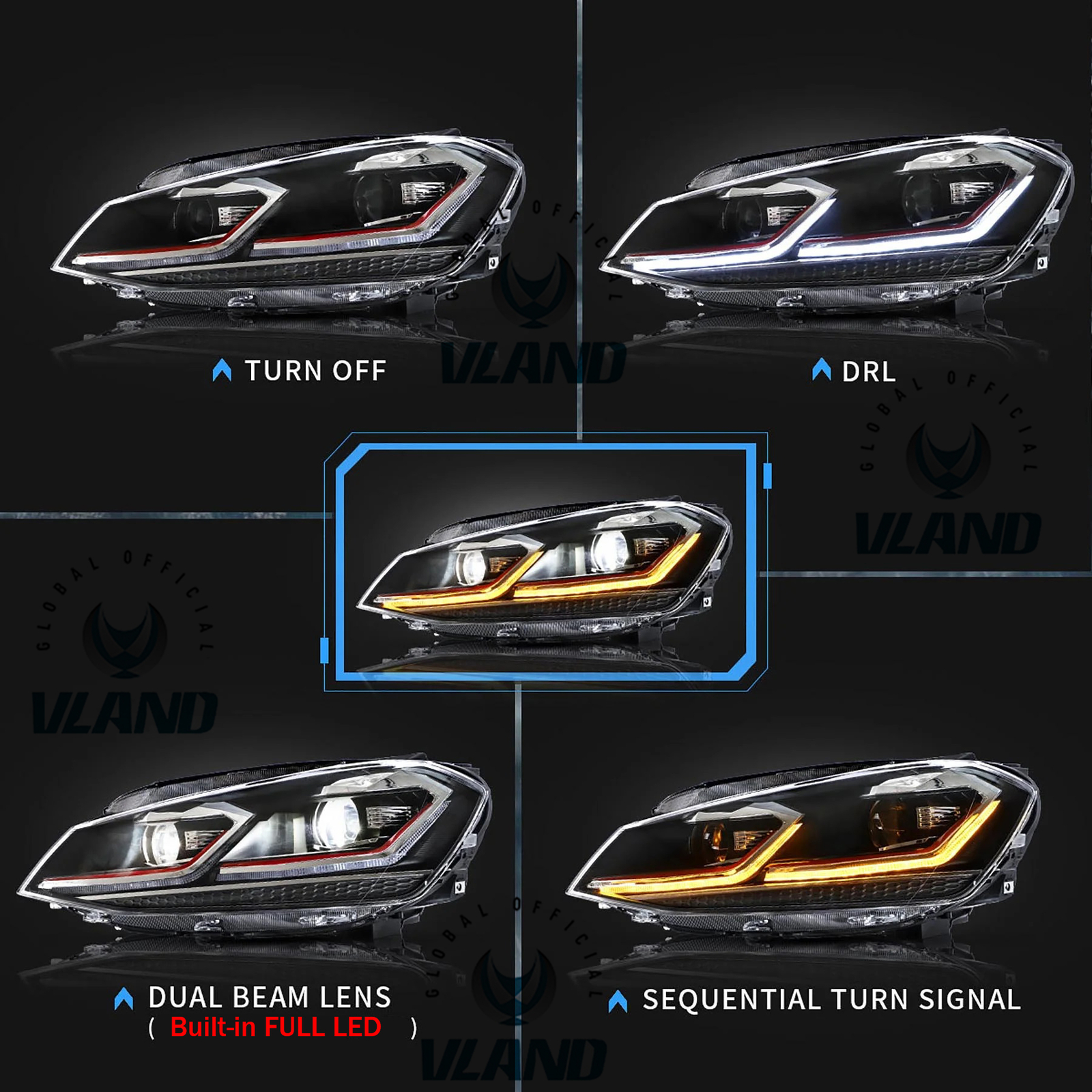 4pcs FULL LED Projector Headlights+Red Tail Light For VW Golf 7 MK7& GTI 2015-17