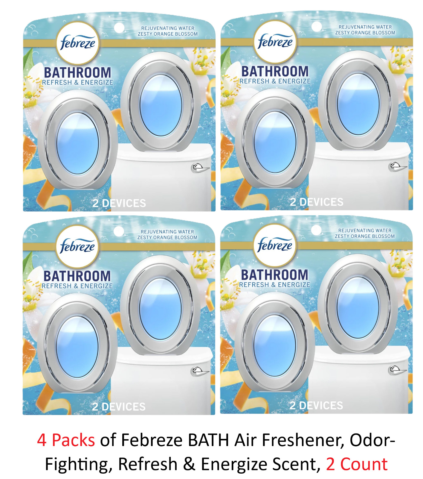 4x Febreze BATH Air Freshener, Odor-Fighting, Refresh & Energize Scent, 2 Count