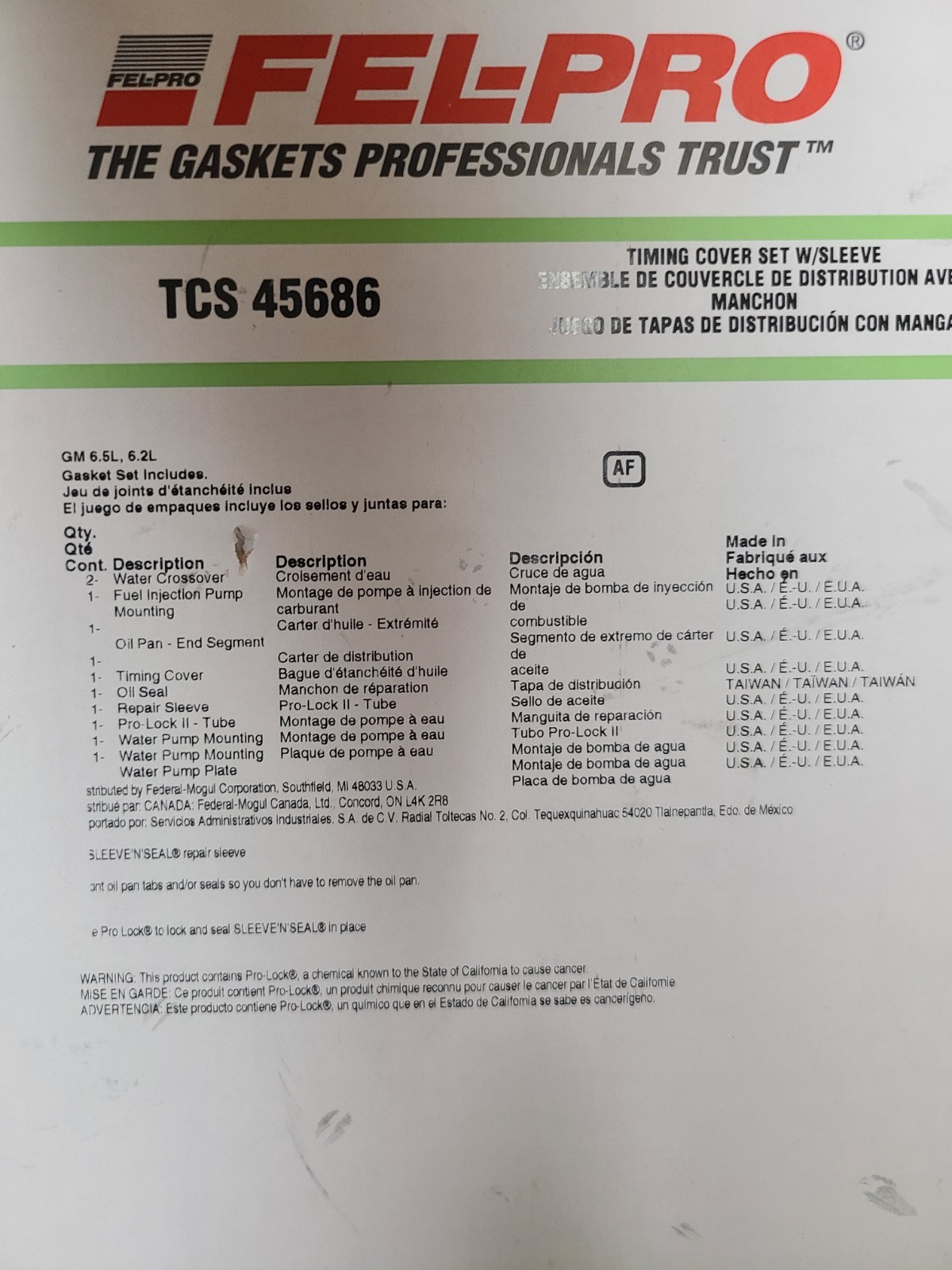 Fel-Pro TCS 45686 Timing Cover Gasket Set New