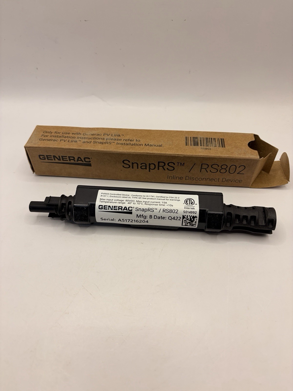 NEW Generac SnapRS RS802 Inline Disconnect Device For Use With PV Link