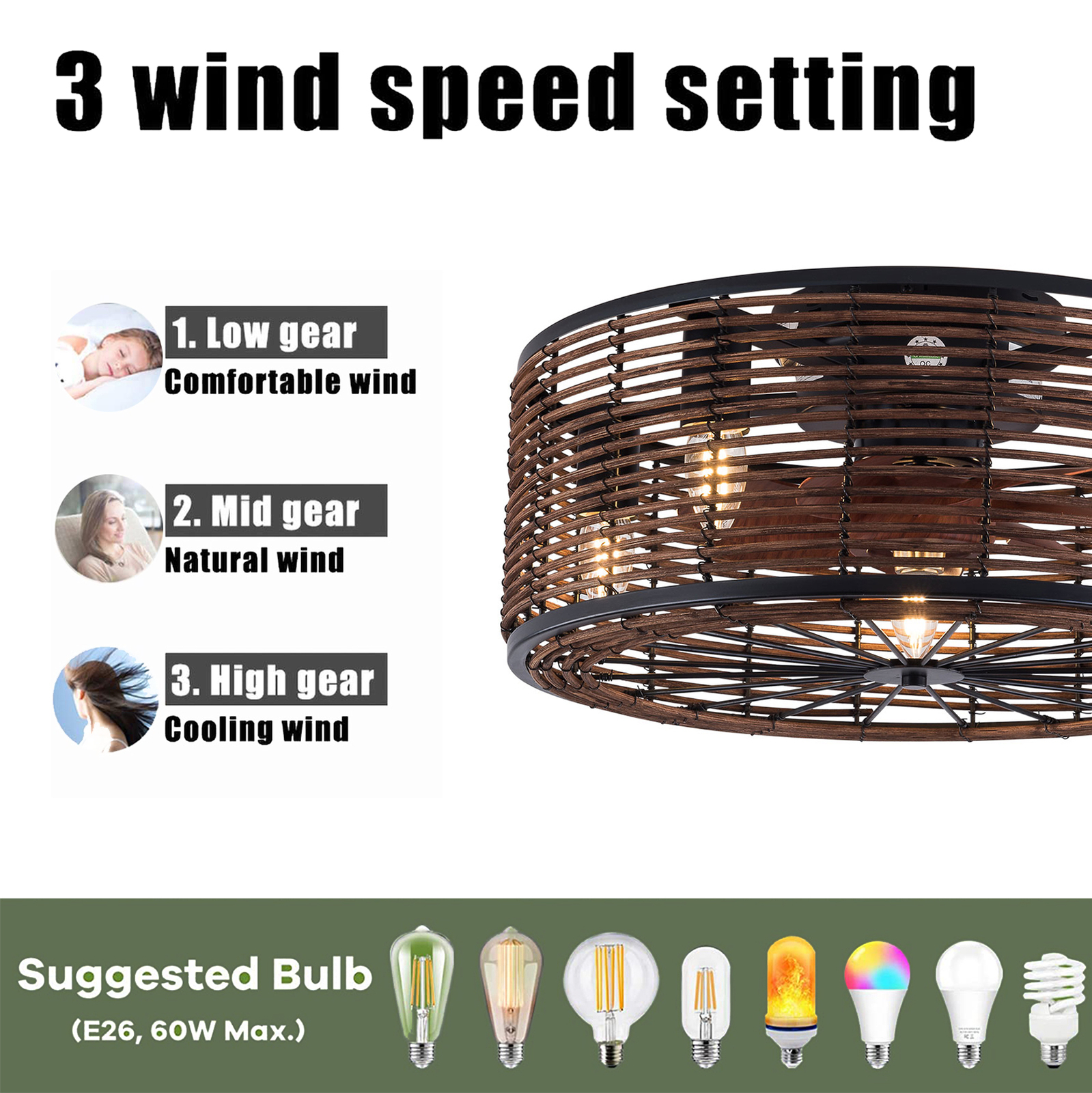 Ceiling Fan w/Lights 18/18.5/20'' 4Choices Caged Adjustable 3 Wind Speeds Remote