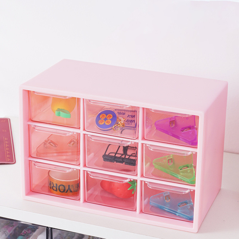Mini Storage Drawers, Plastic Desktop Teacher Desk with 9 Drawers, Rose Red