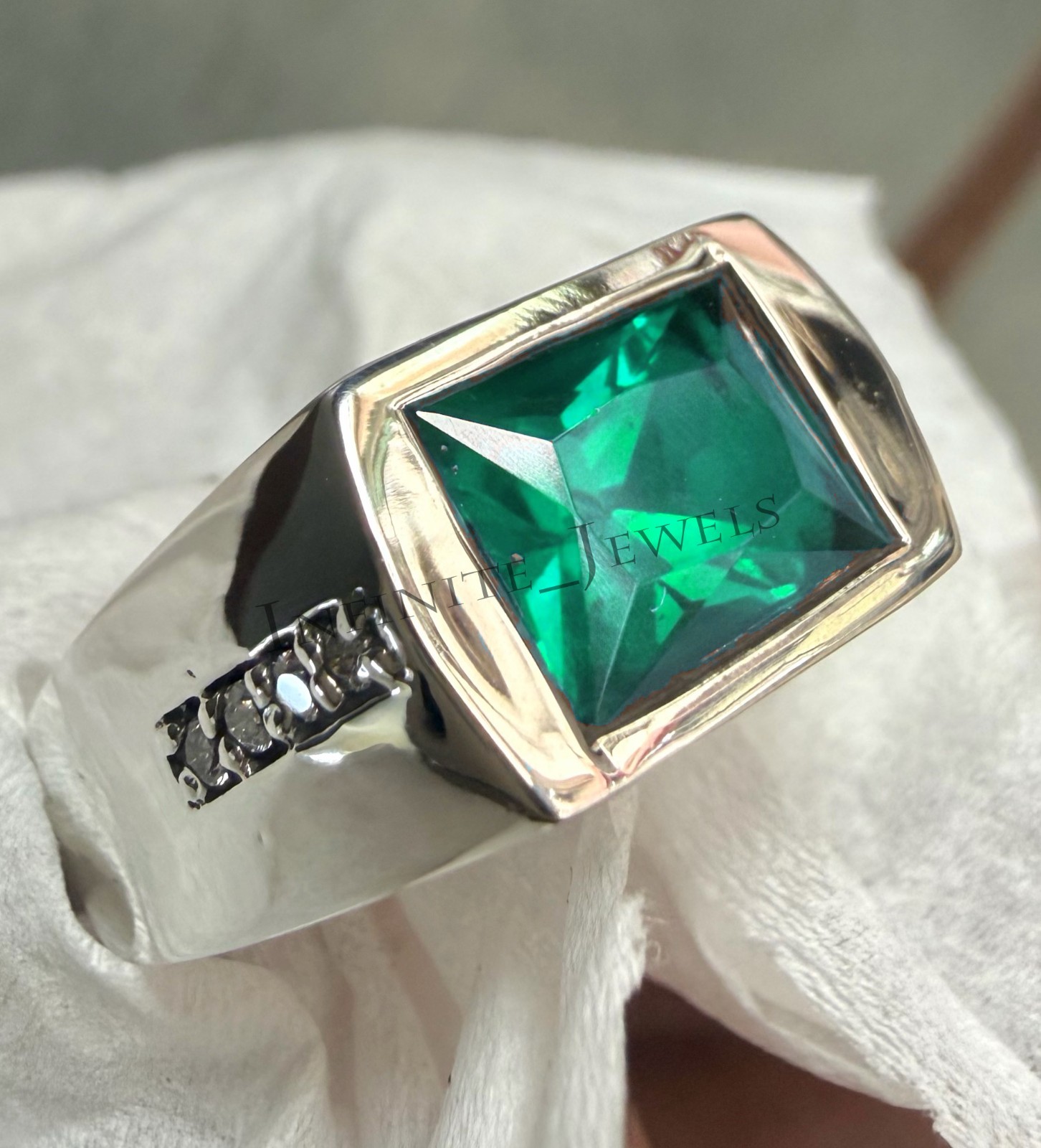 Green Emerald Gemstone Ring For Men's With 925 Sterling Silver Emerald Cut Ring
