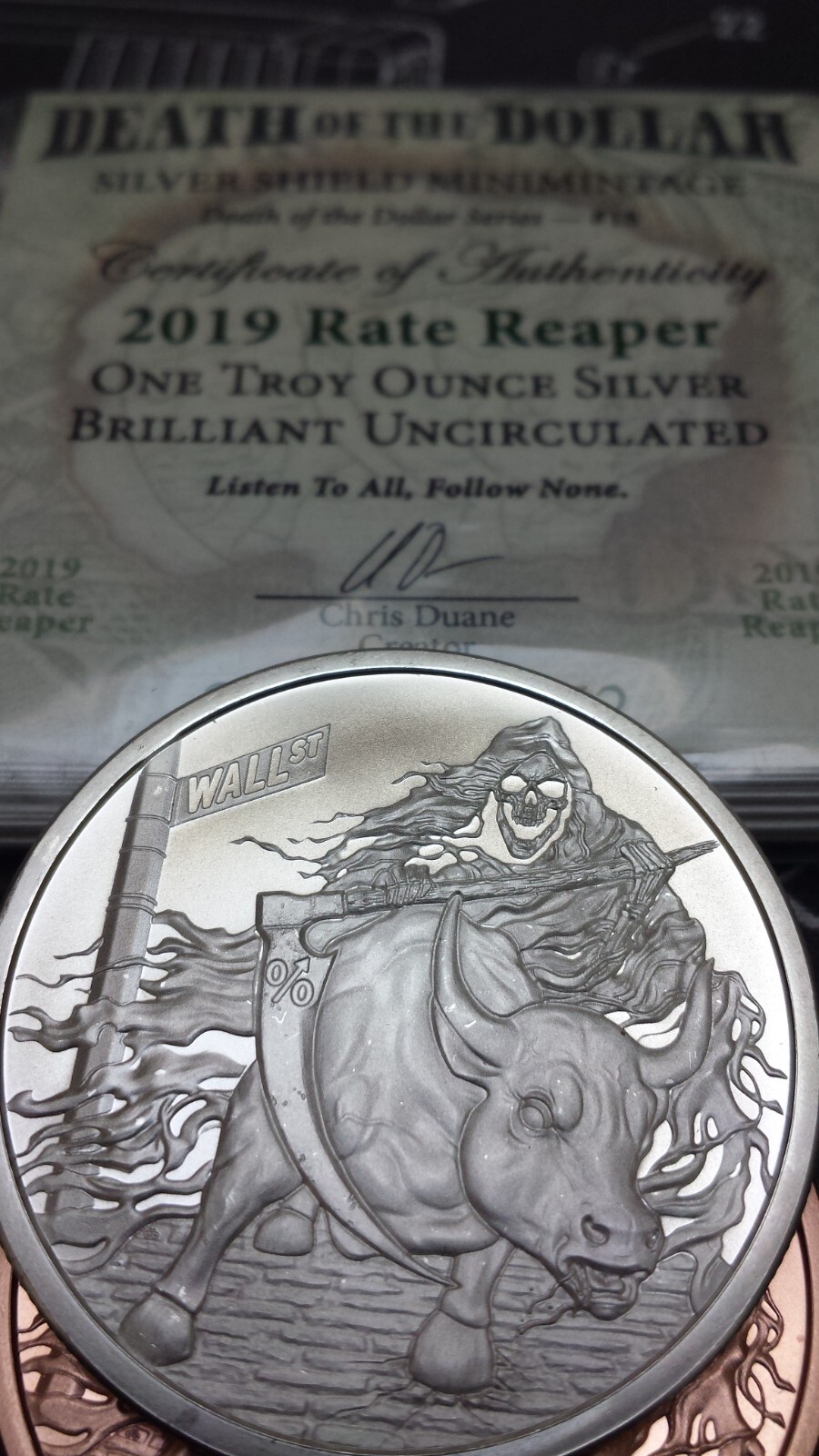 2019 Rate Reaper 1 Oz. BU Silver Shield Mini Mintage Death of Dollar Series #18