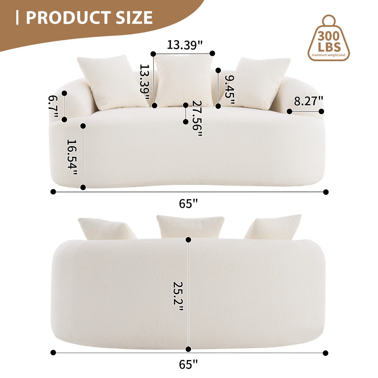 Curved Loveseat Sofa 65" 30D Chenille Compact for Small Spaces 300lbs 3 Pillows
