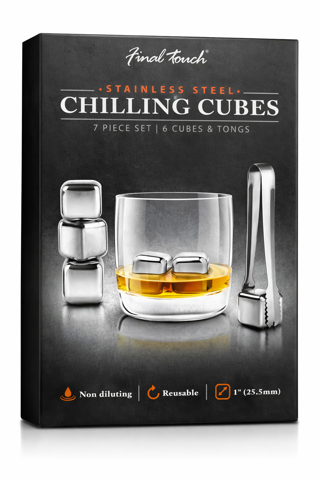 Final Touch Stainless Steel Chilling Cubes Set – 6 Cubes + Tongs – Reusable
