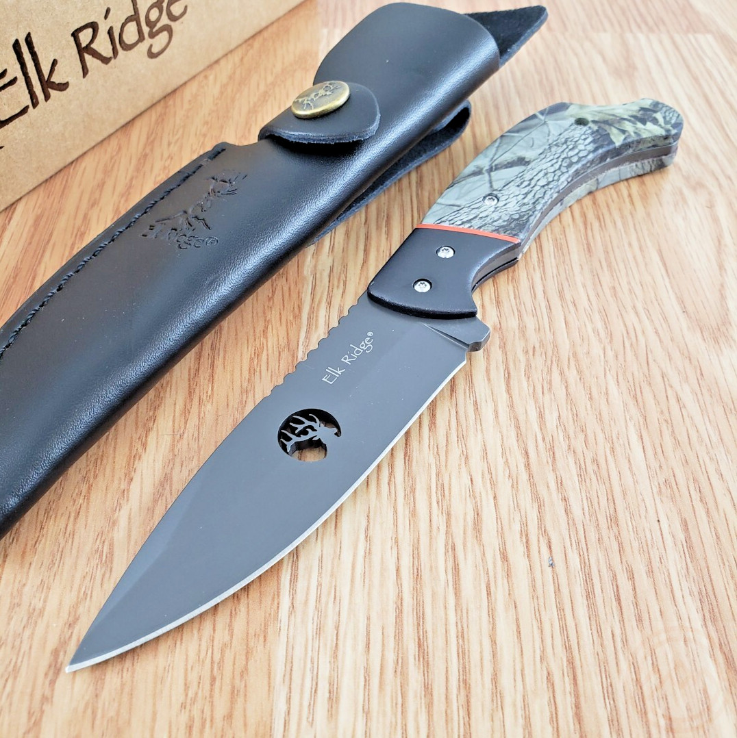 Elk Ridge Fixed Knife 3.75" Full Tang Gray 3Cr13 Steel Blade Camo Wood Handle