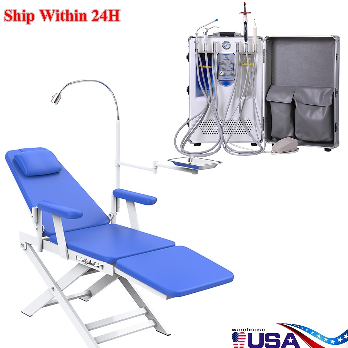 Dental Portable Mobile Delivery Unit Rolling Cart 4 Hole/Folding Chair+LED Light