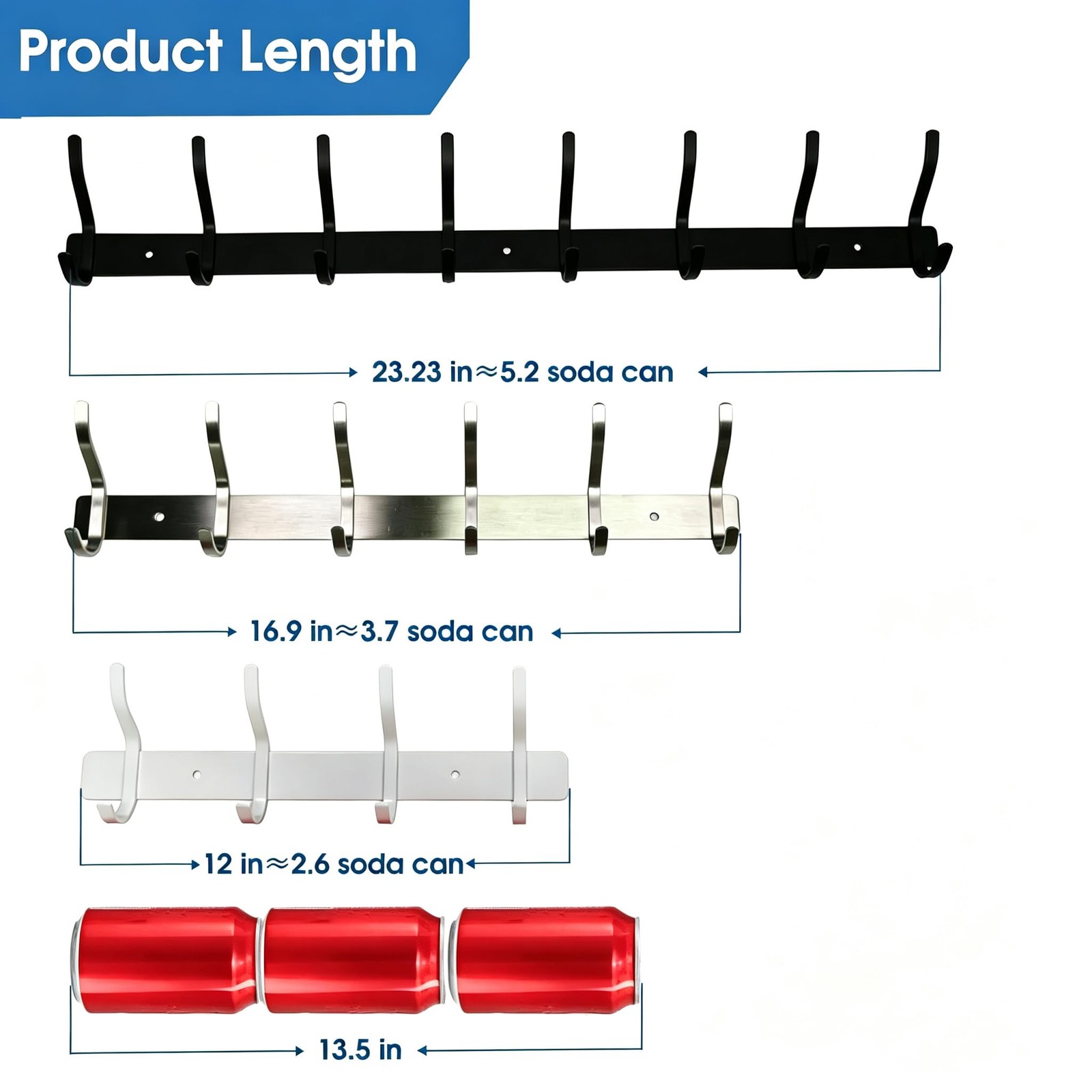 12 Inch Coat Rack Wall Mount with 4 Hooks, Black Wall Hook Rack