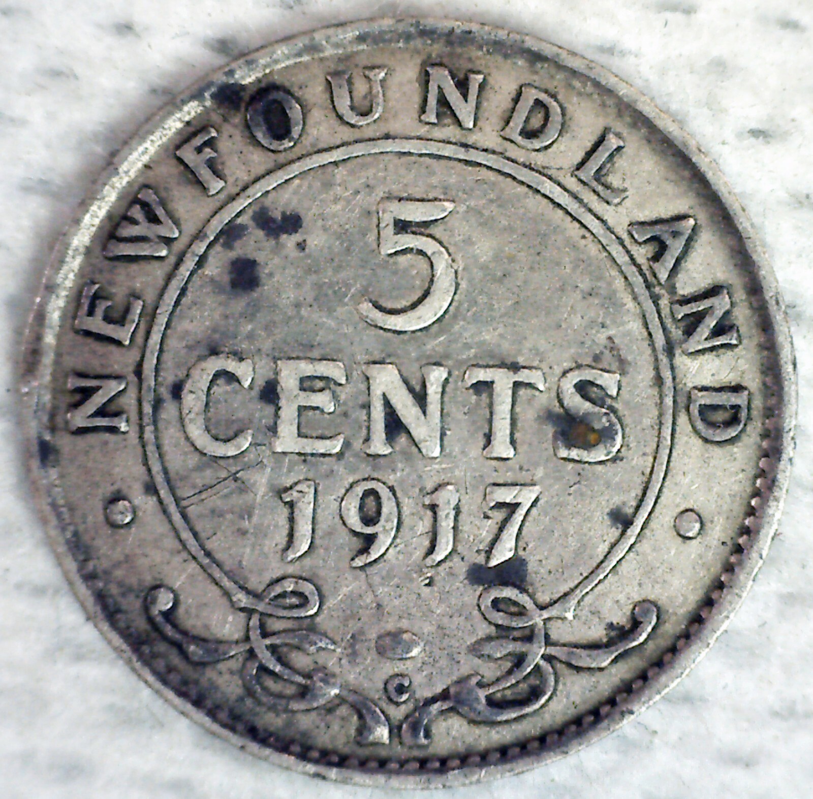 1917 C Newfoundland Canada Silver Five Cents 5c Canadian Coin Very Fine Circ