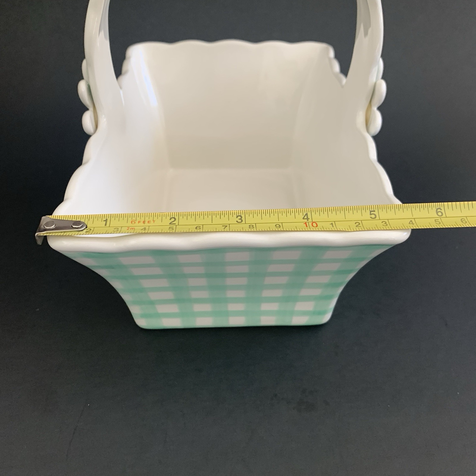 Gingham Green and White Daisy Flower Basket Ceramic