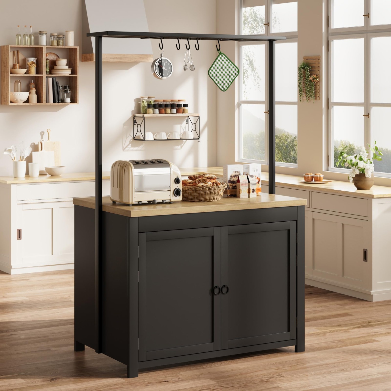 42" Kitchen Island with Storage 2-Tier Shelves & 5 Hooks breakfast bar