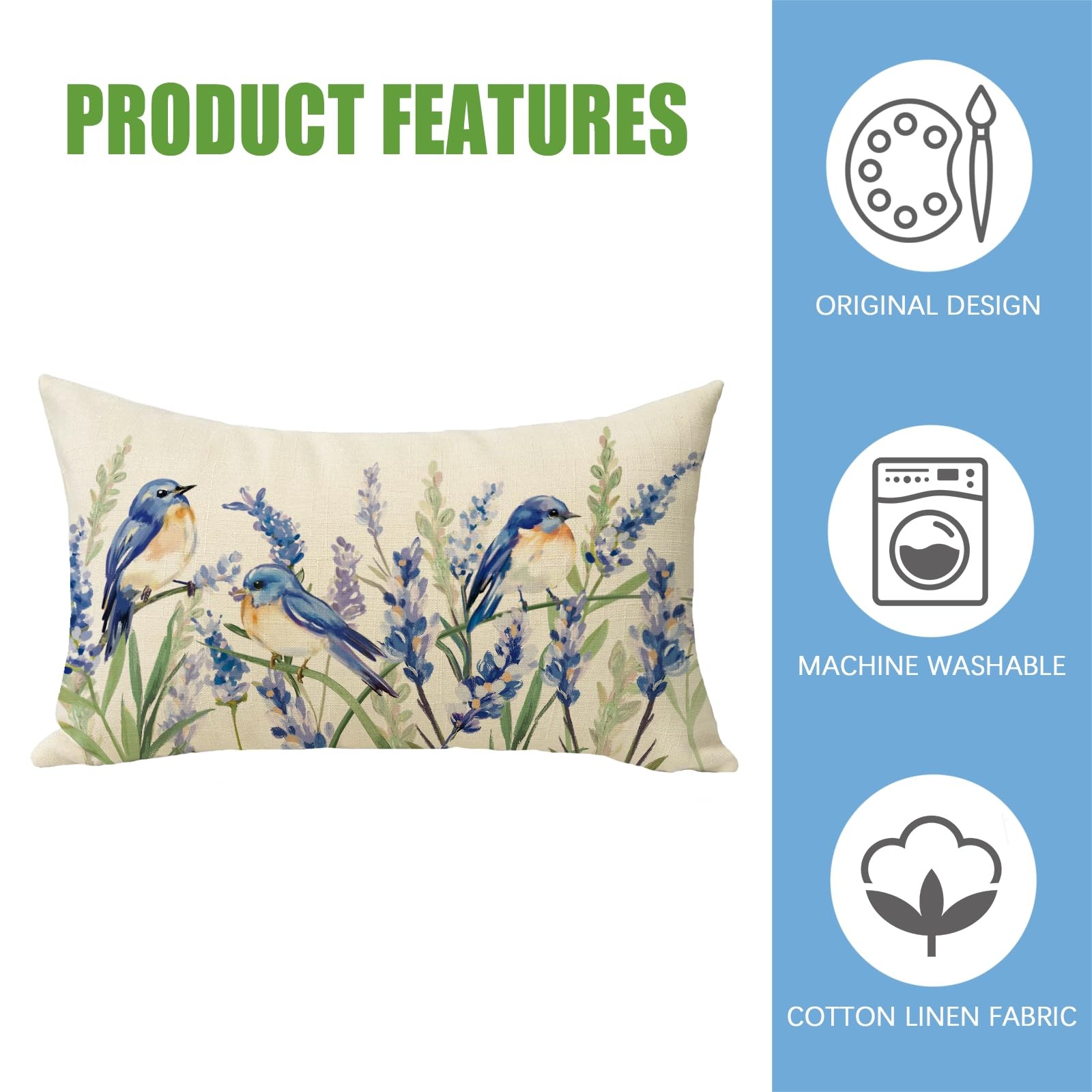 Spring Summer Bluebirds Lumbar Decorative Rectangle Pillow Cover 12 x 20, Wat...