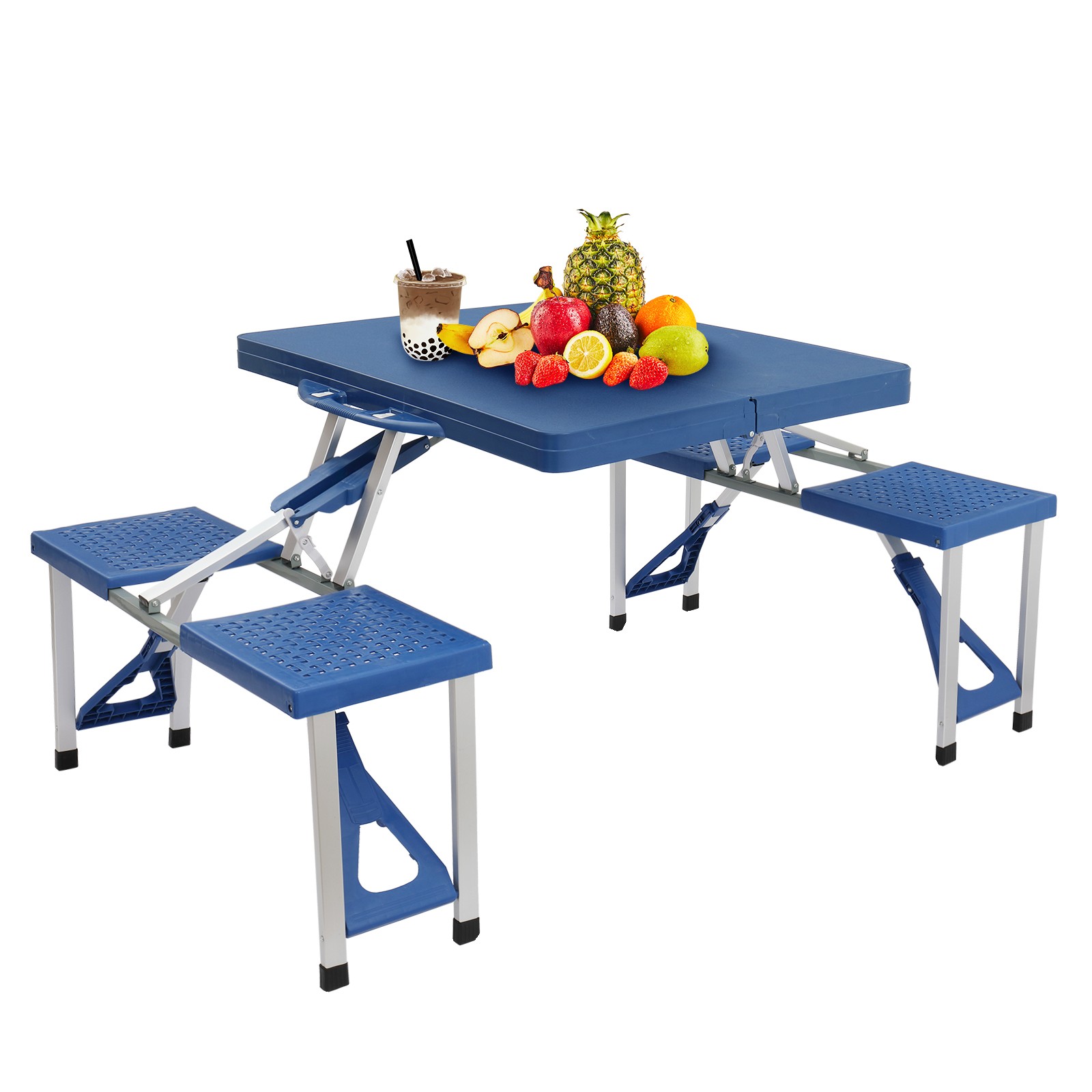 Portable Folding Camping Picnic Table, Seat Set with Umbrella Hole for Outdoor