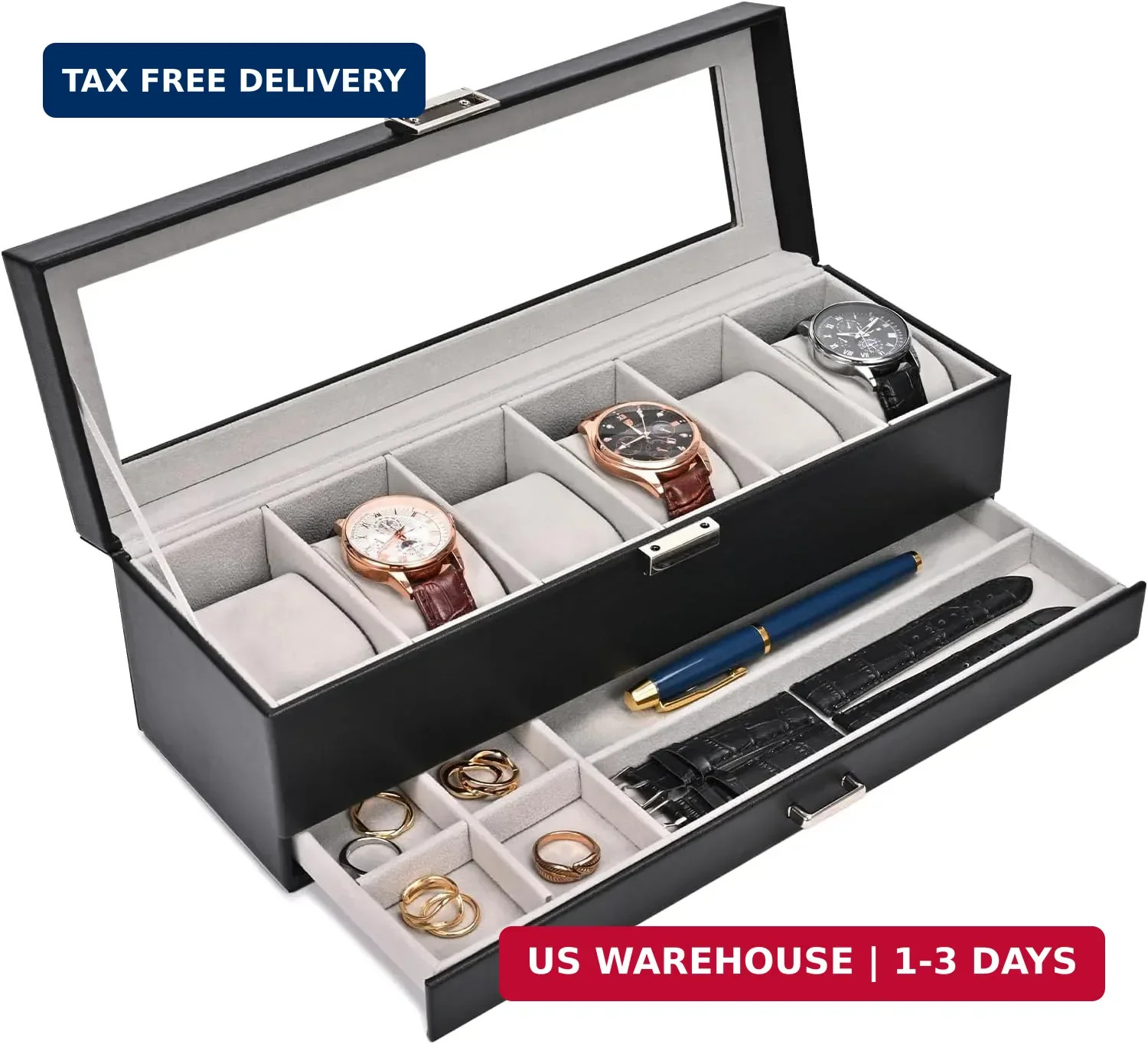 ProCase Watch Box, 6 Slot Watches Display Case with Drawer, Mens Watch Case with
