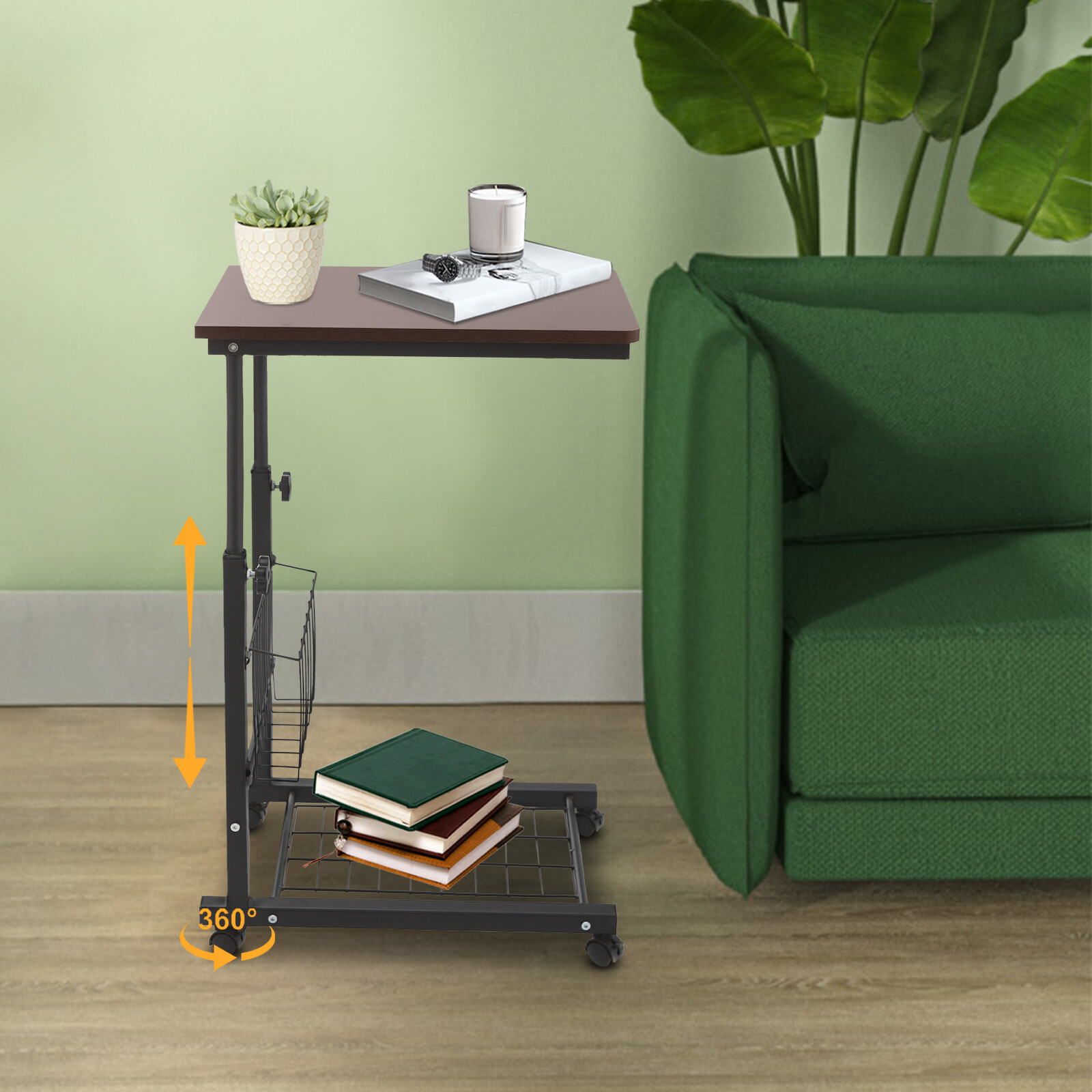 Adjustable Bed Side Table, Side Table with Wheels, Mobile Standalone TableUS