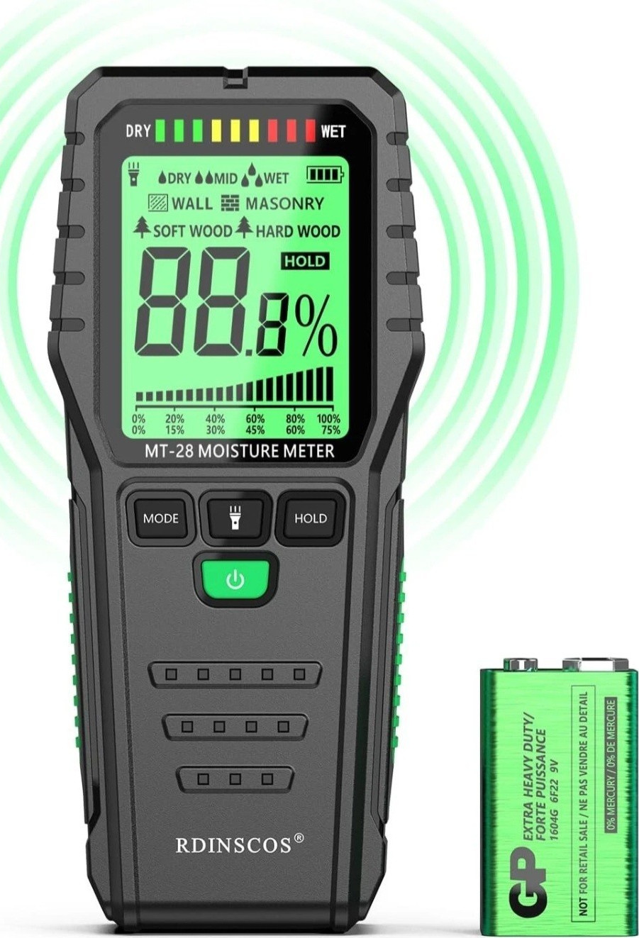 RDINSCOs MT-28 Electric Moisture Meter Backlit Display Hold Battery Indicator