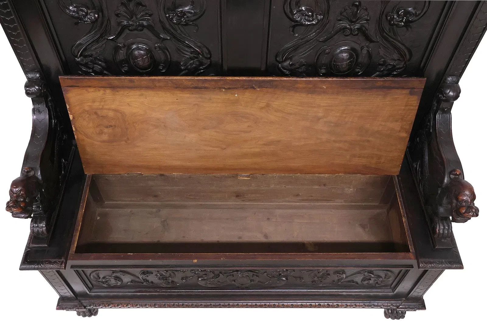 Hall Bench, Italian Renaissance Revival, Walnut, w/ Dragons, Storage, 1800s!
