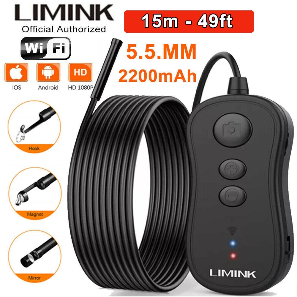 5.5mm Wireless Endoscope 2200mAh Borescope Semi-rigid Cable Inspection 49ft Cam