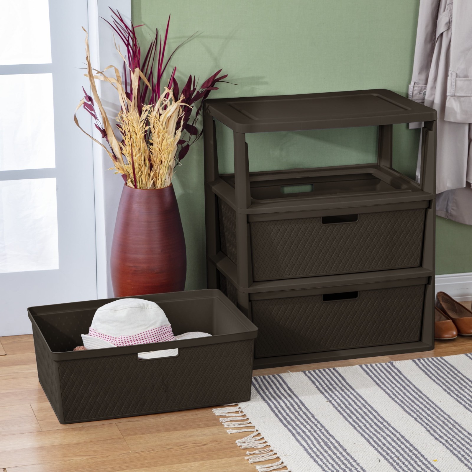 Sterilite Wide 3 Drawer Storage Tower Brown