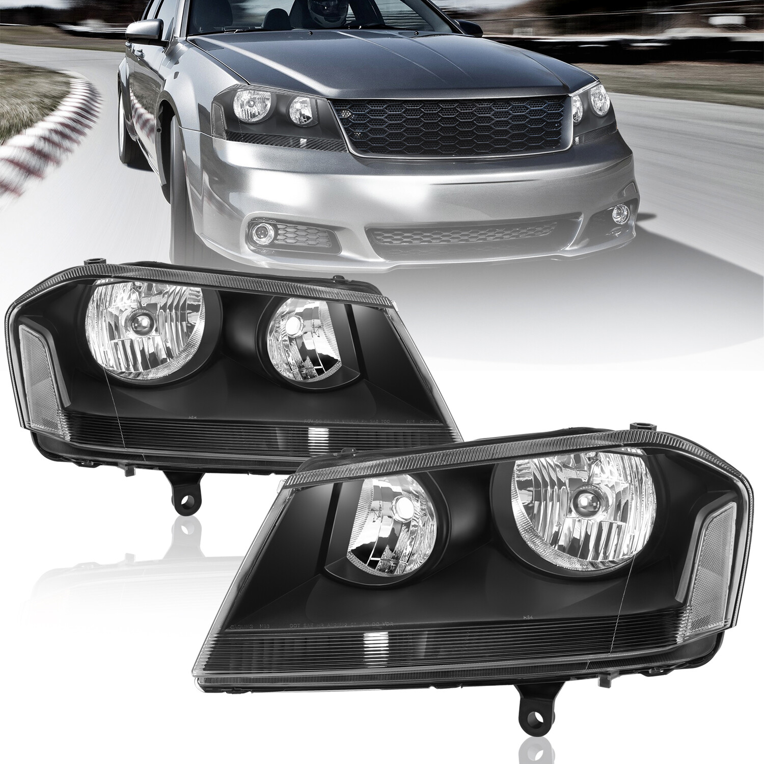 Pair Front Headlights Assembly For Dodge Avenger R/T SE 2008-2014 Black Housing