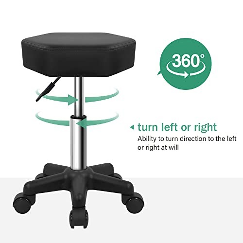 Hexagon Rolling Stool Height Adjustable Stool with Wheels for Spa Salon Black