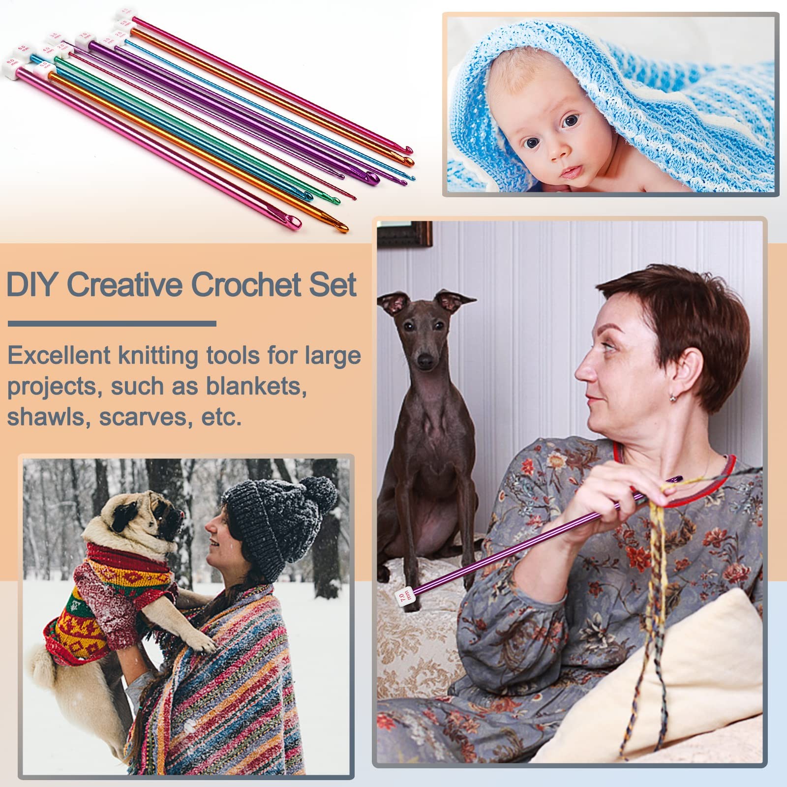 Long Crochet Hooks Set, 11pcs Afghan Needles, 2mm 8mm, Knitting Tools,Multicolor