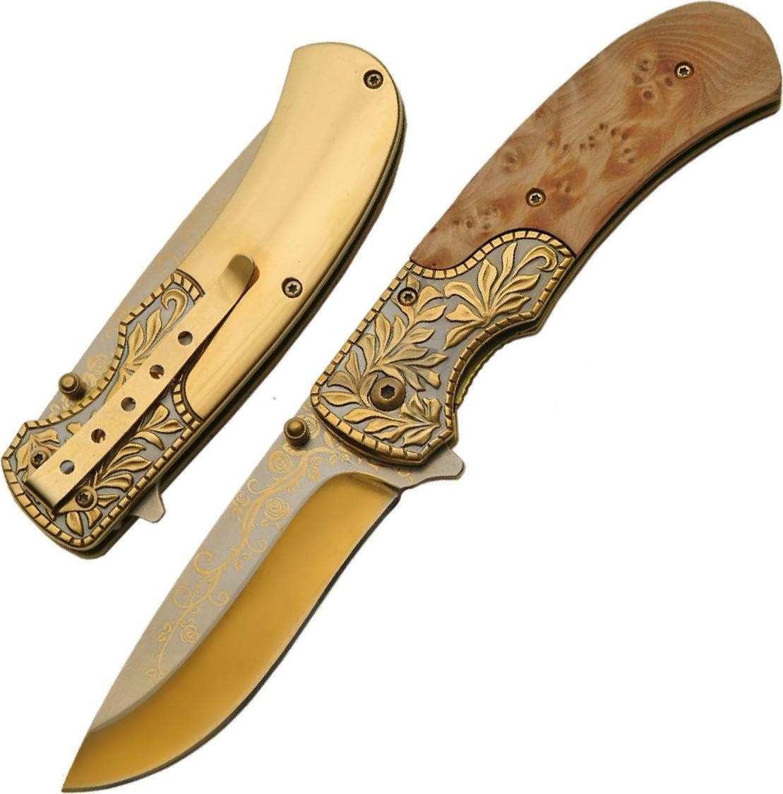 Spring-Assist Folding Pocket Knife 3.75in Gold Blade Wood Rose Vine Handle