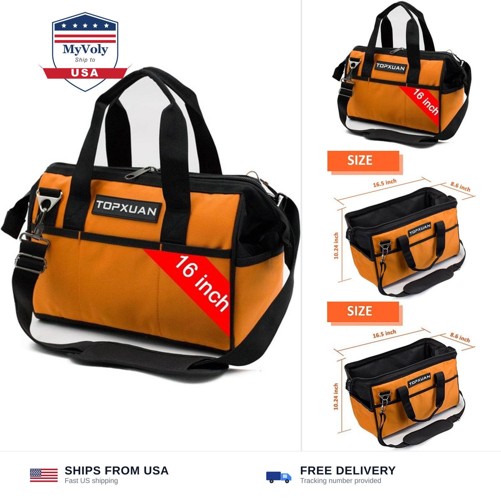 Tool Bag16 Inch Heavy Duty Waterproof Orange Tool Organizer with Wide Mouth a...