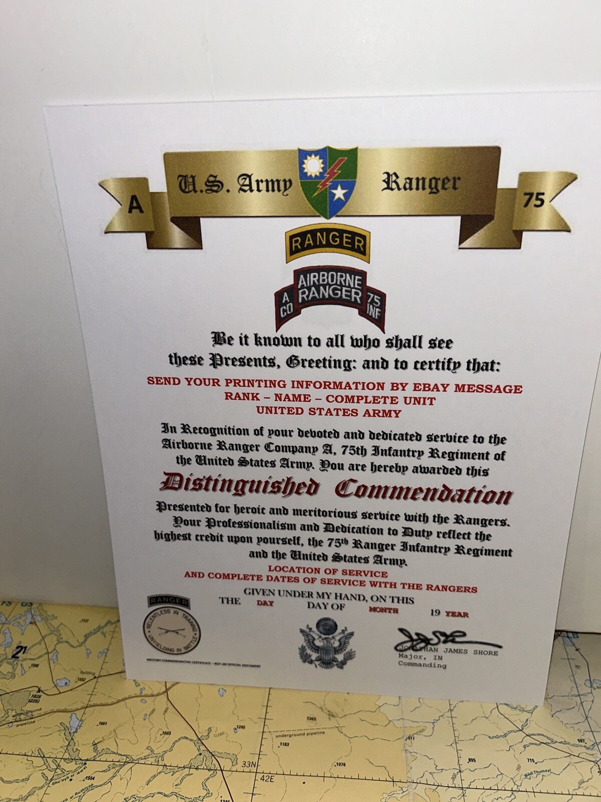 U.S. ARMY - A CO. 75TH RANGER INFANTRY / DISTINGUISHED COMMENDATION CERTIFICATE