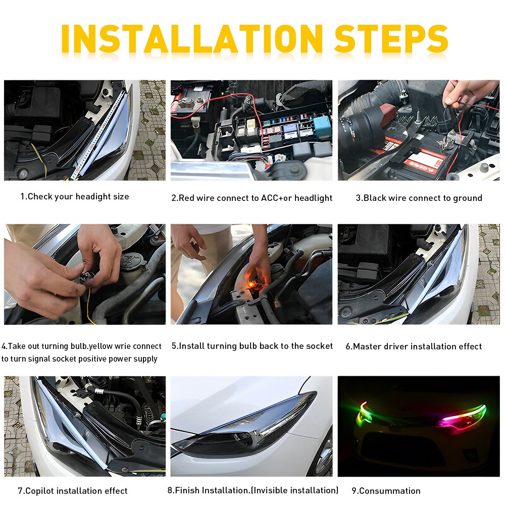 2x 60CM RGB Slim Sequential Flexible LED DRL Turn Signal Strip Remote Headlight