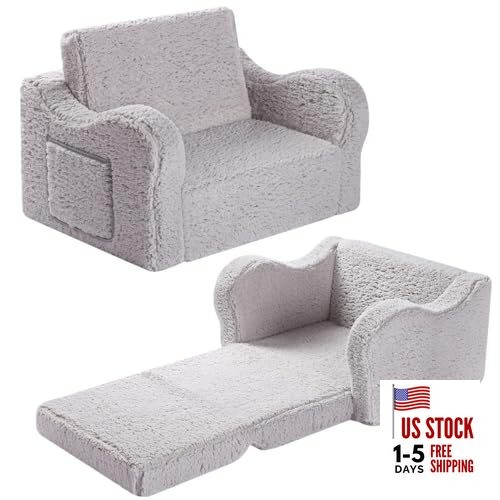 Kids Sofa, 2-in-1 Flip-Out Foam Couch with Soft Sherpa Cover, Cozy Medium Grey