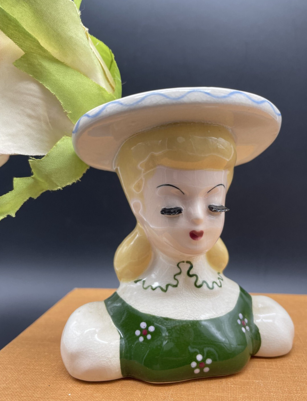 Vtg Napco Head Vase Planter Blonde Woman Green White Hat Dress S564 Japan