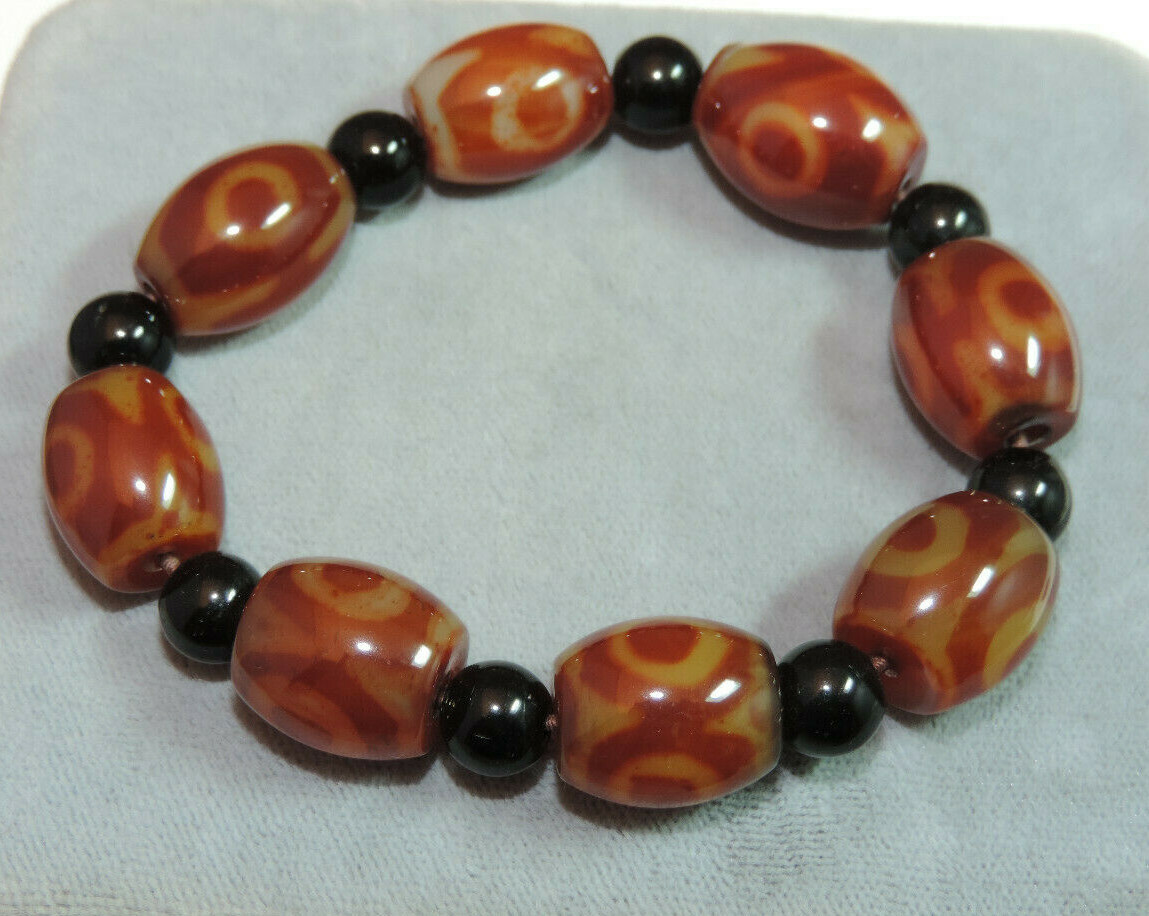 Evil Eye deisgn & Jet Black Glass Bead Stretchy Bracelet Cf 45