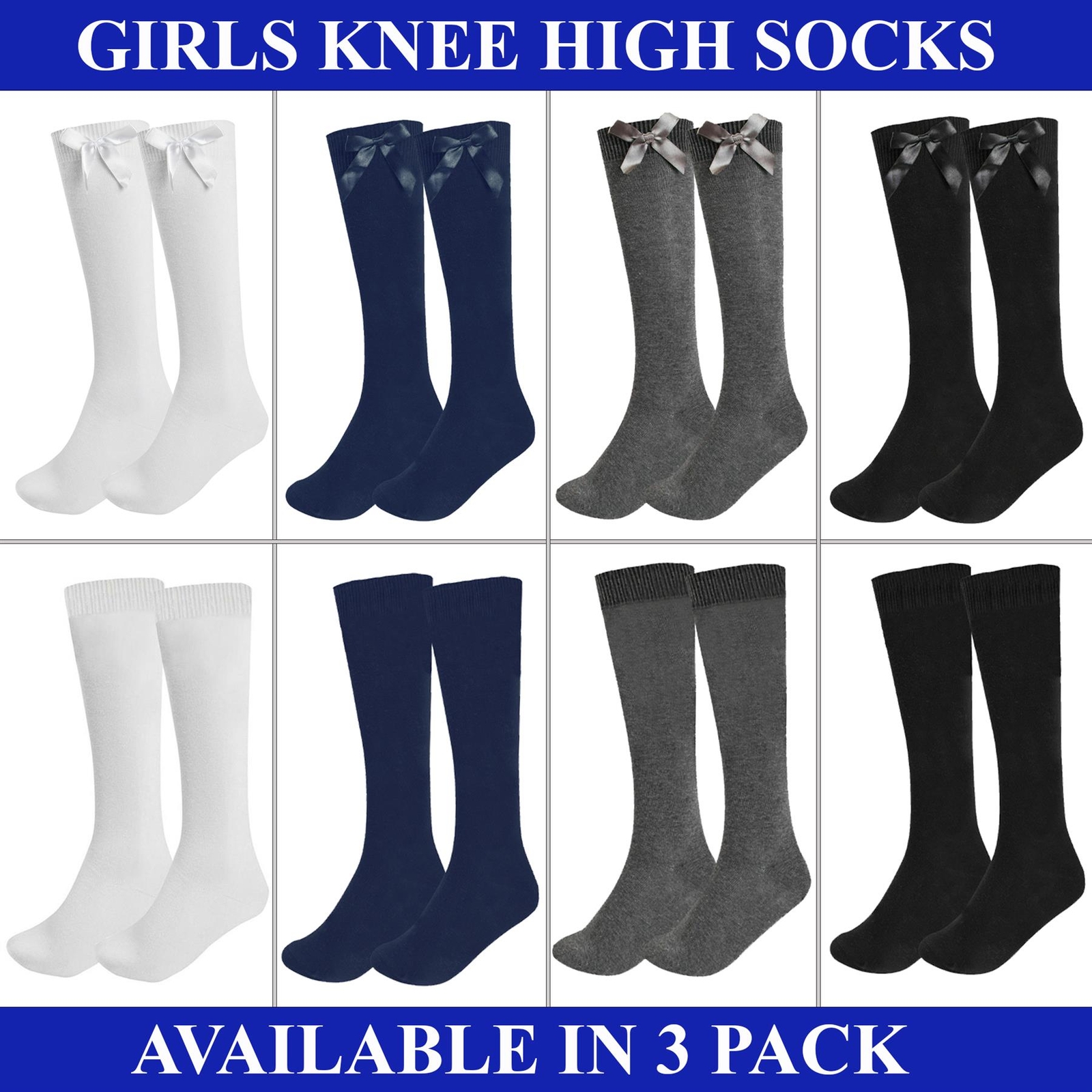 Ladies Girls Knee High Socks Long Length Soft Cotton Solid Colour 3 Pairs