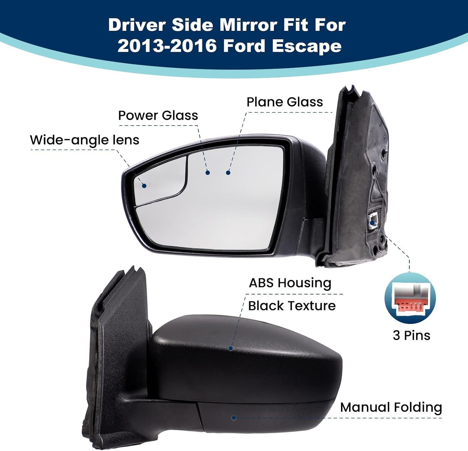 Left Driver Side Mirror Assembly Replacement Fit for 2013 2014 2015 2016 Ford Es