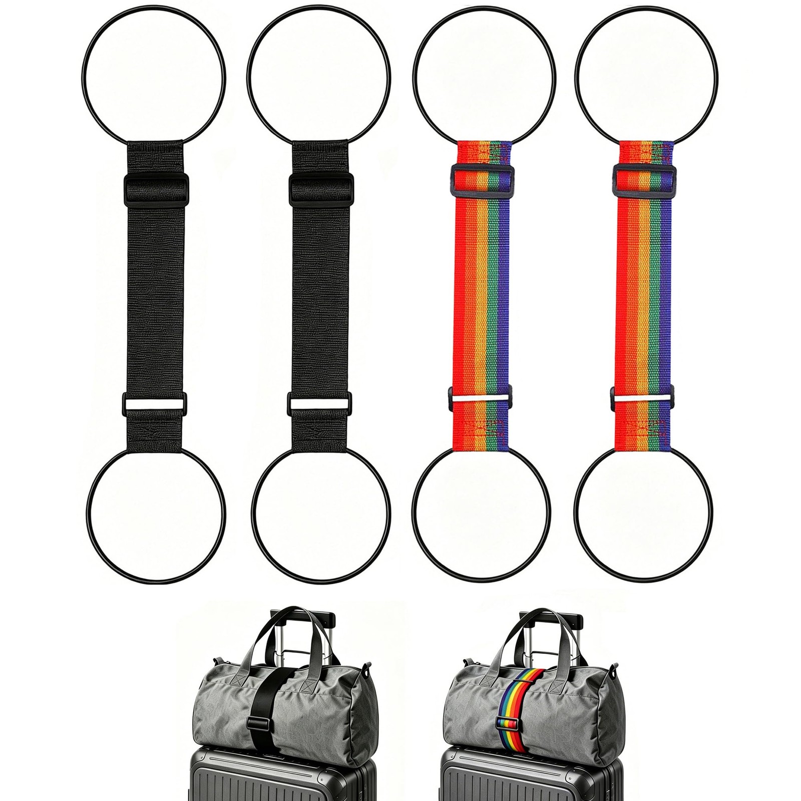 2 Black Luggage Straps for Suitcases Adjustable Connector Elastic Loop Handbag