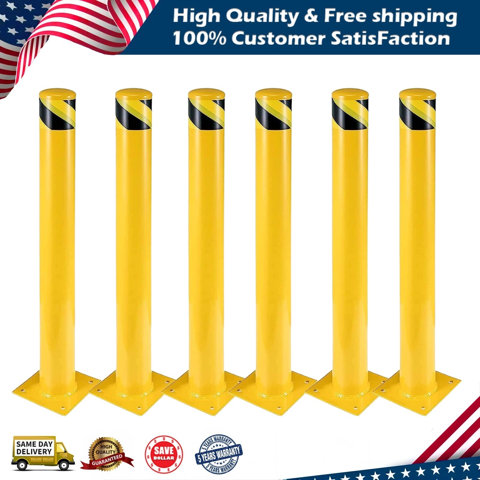 Safety Bollard 6 Packs 36 Inch Height Bollard Post 4.5Inch D with 8 Anchor Bolts