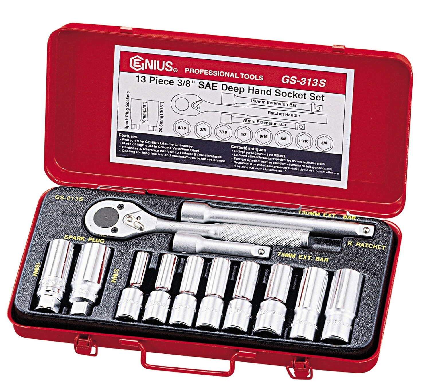 Genius Tools 13 Piece 3/8" Dr. SAE Deep Hand Socket Set - GS-313S