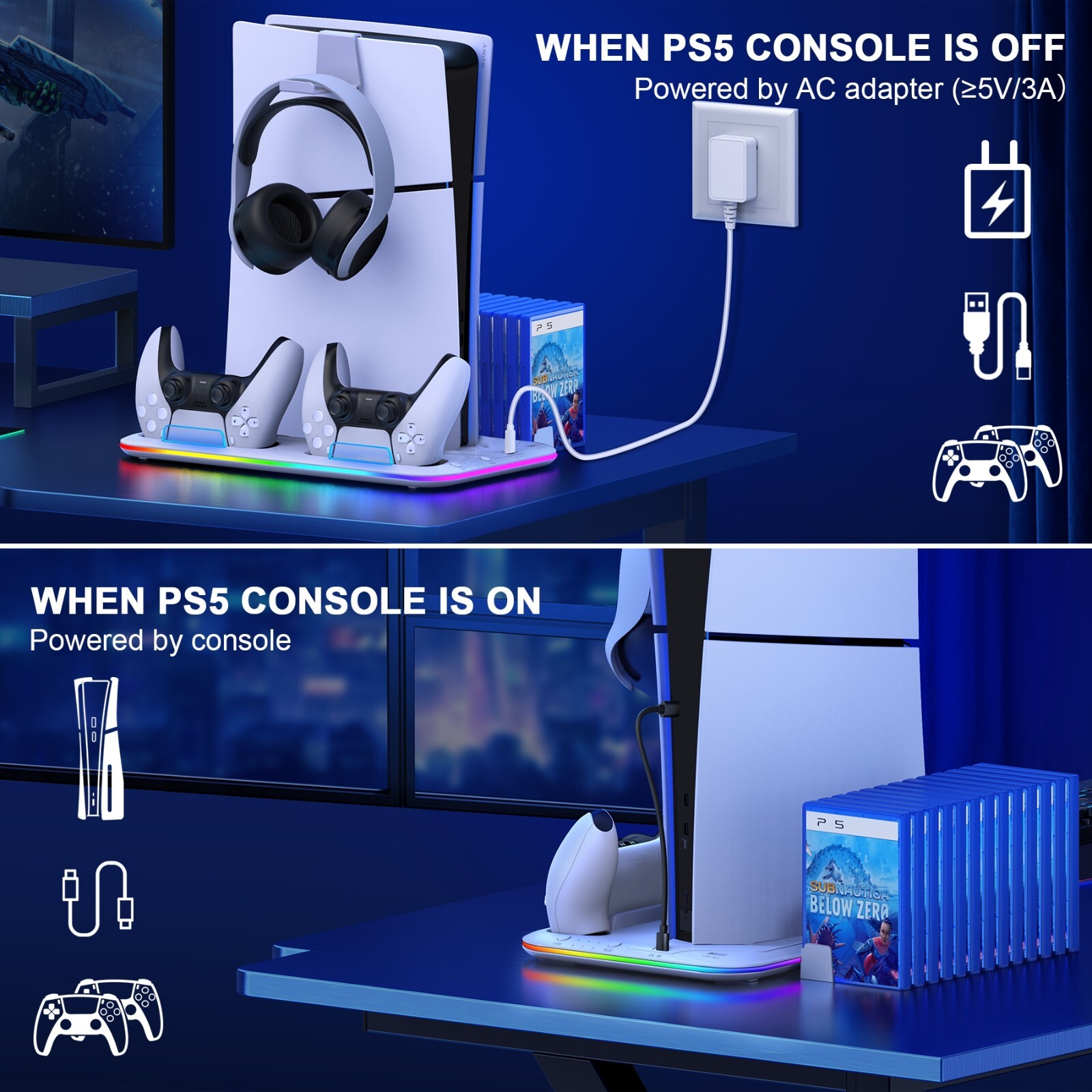 PS5 Slim Stand Cooling Station+Controller Charging Station For PS5 Digital/Disc