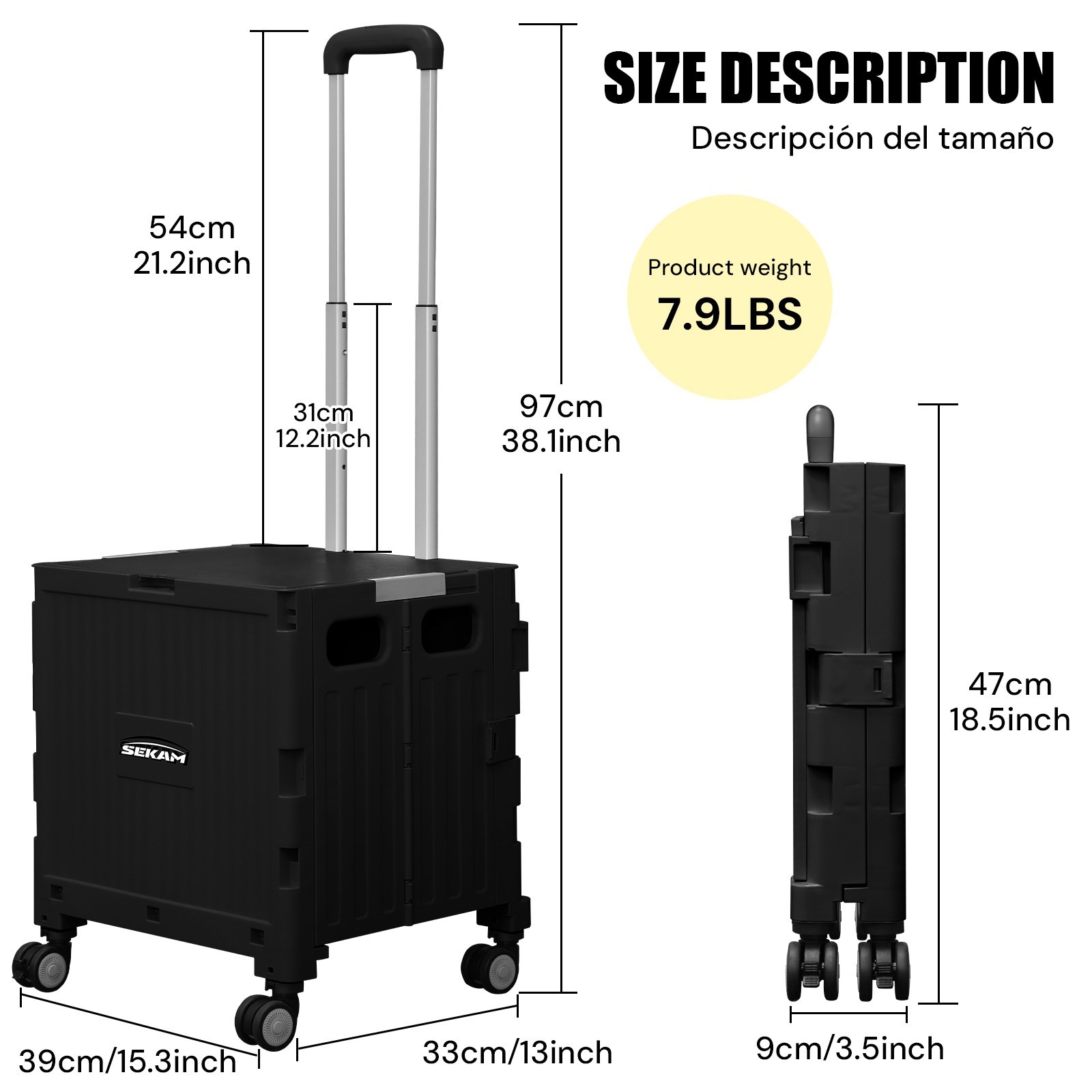Foldable Rolling Crate with Lid & Telescopic Handle Portable Utility Cart Black