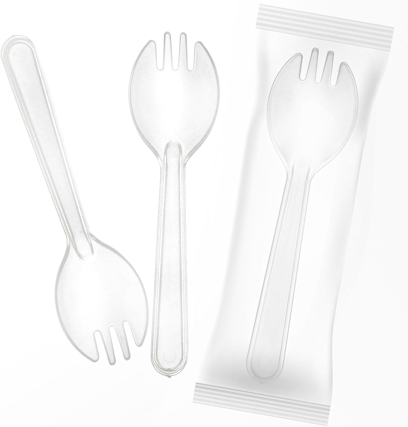 Mini Plastic Sporks Disposable Indivily Wrapped, Clear Forks and