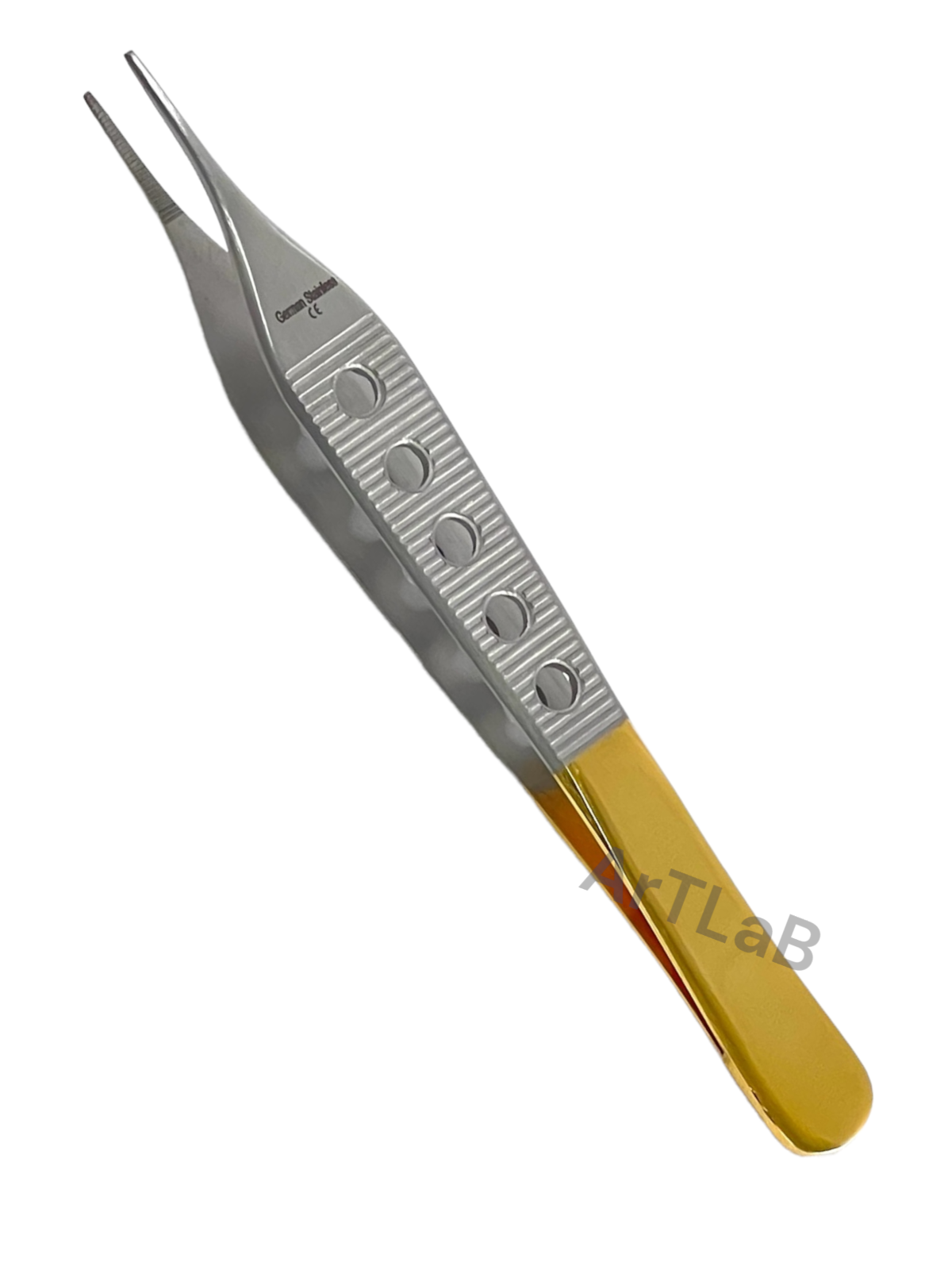 Fine Serrated Tip Adson Dressing Forceps 4.75" w/ Gold Perforated Handle, STR