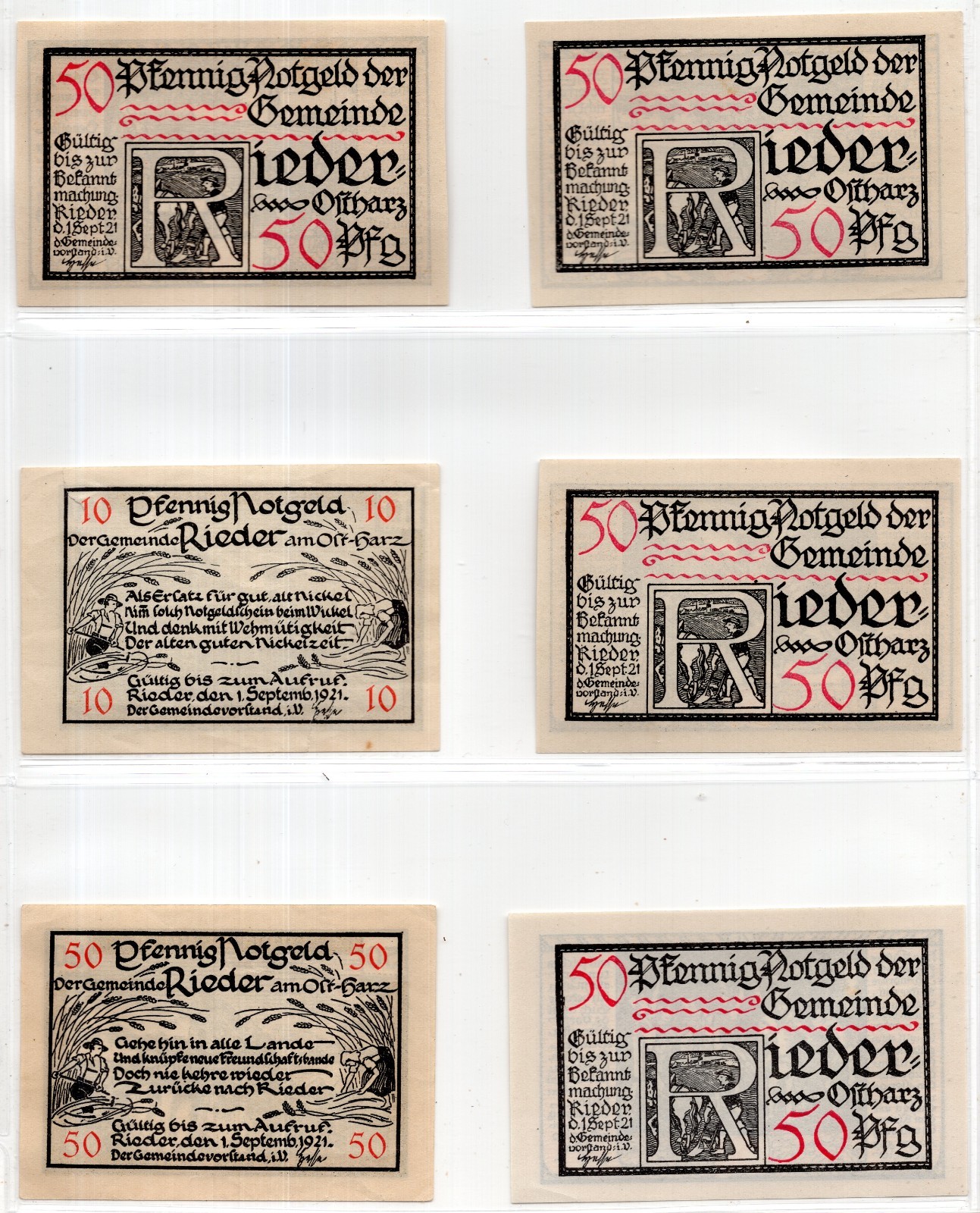 1921 Germany Rieder Notgeld Set of 6 Notes (3549)