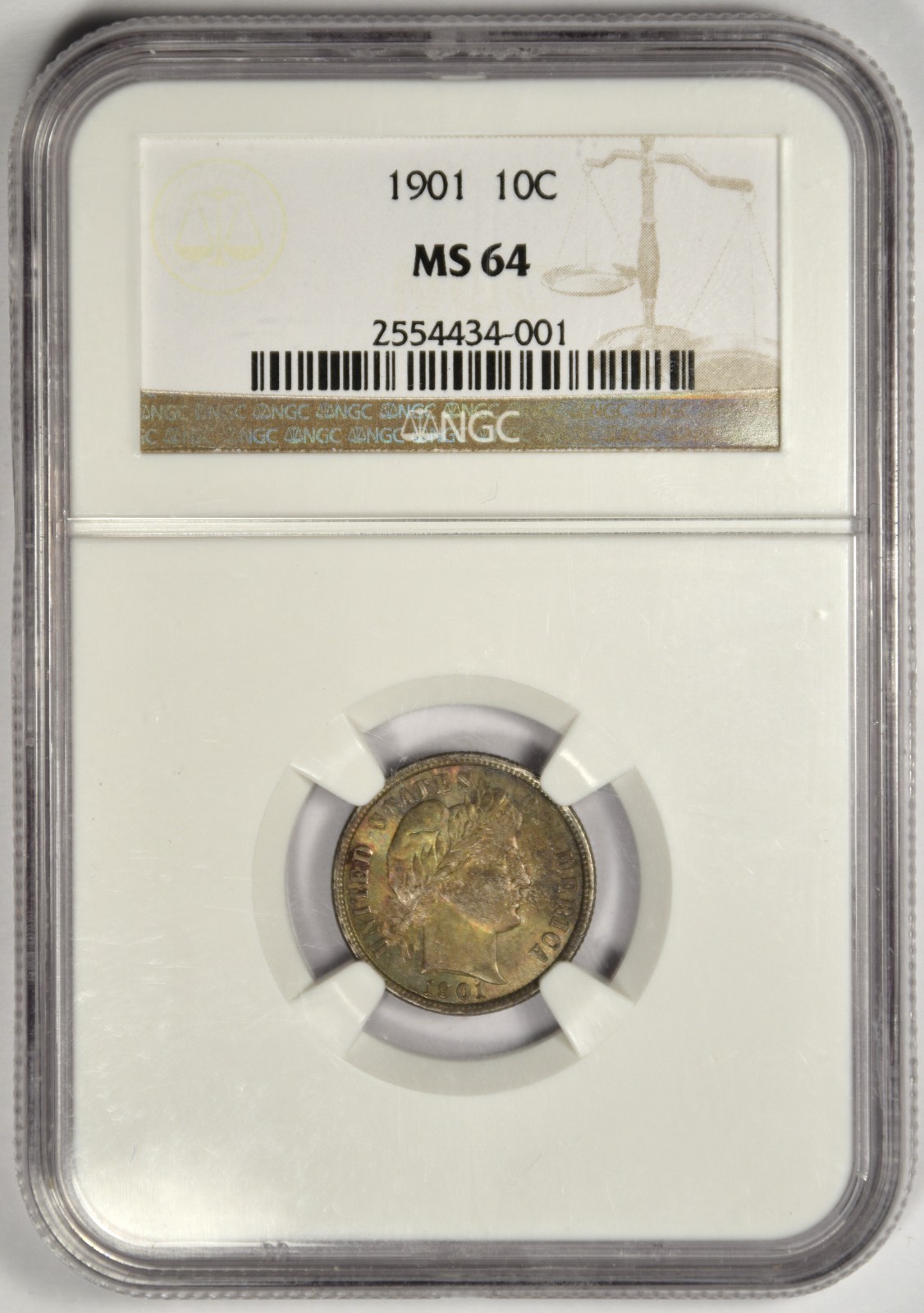 1901 BARBER DIME ~ NGC MS64 ~ BEAUTIFUL GOLD AND BLUE TONING!