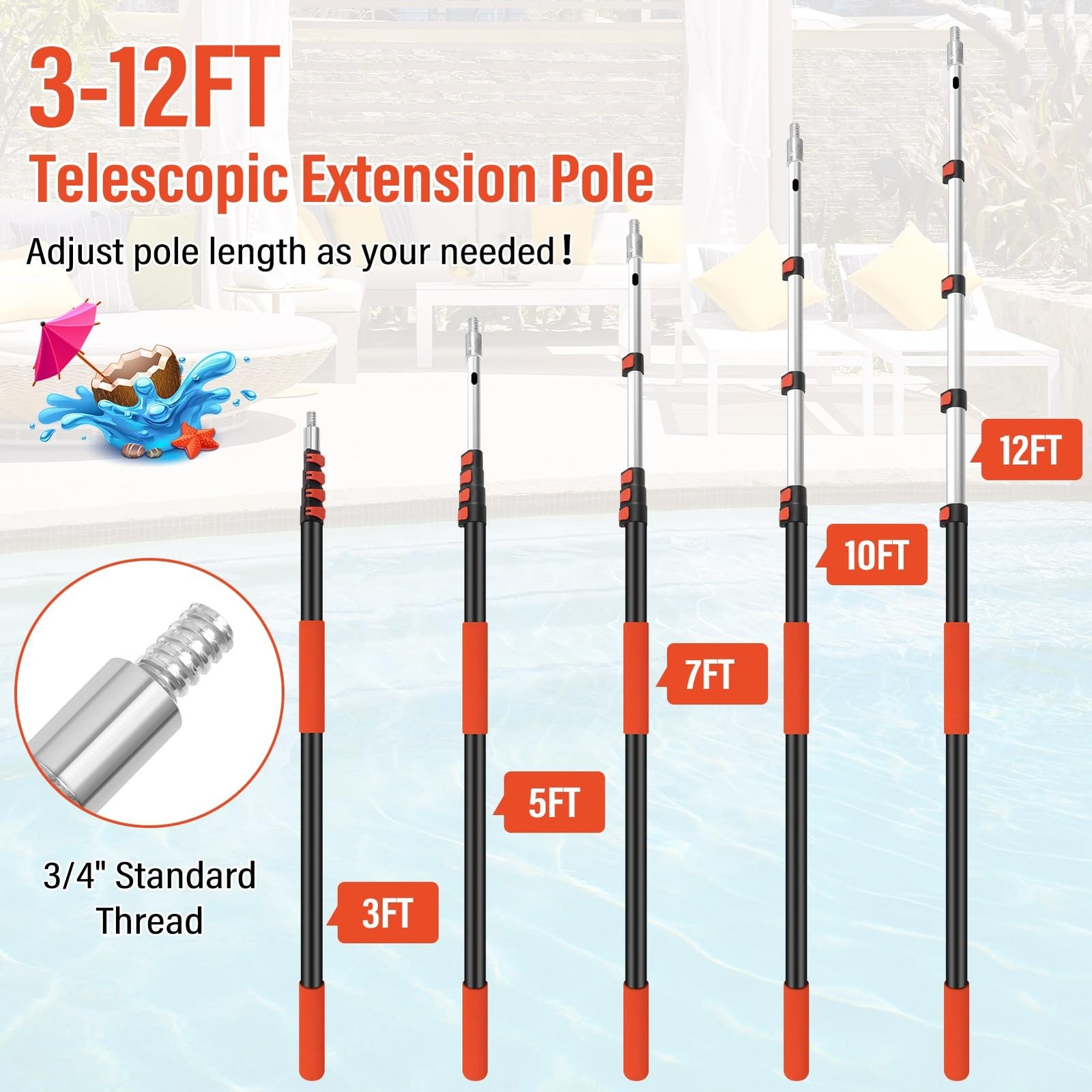 ACTREY Heavy Duty Telescopic Pool Pole,12FT Extendable Pool Pole