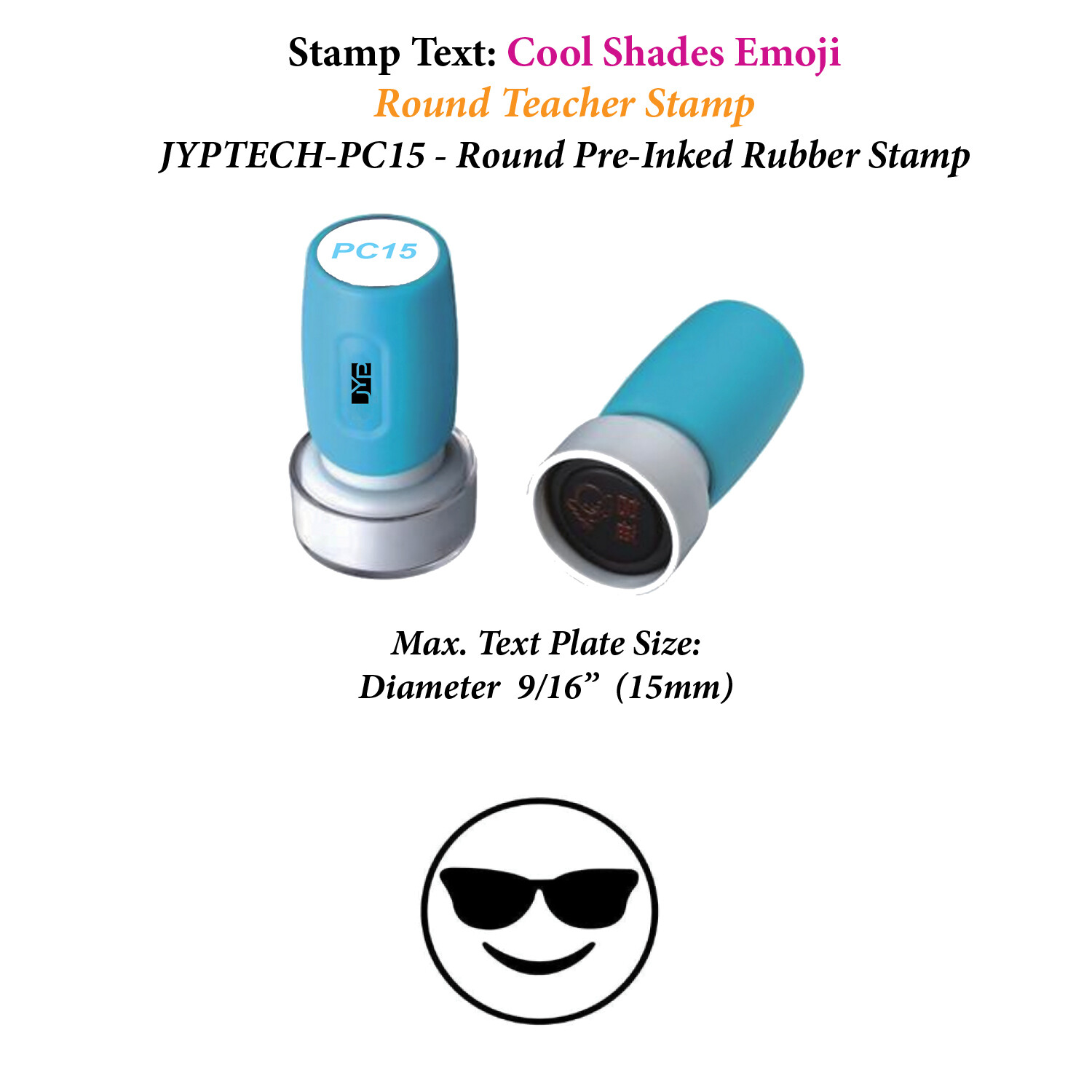 Cool Shades Emoji w. Frame - PC15 Pre-Inked Rubber Teacher Stamp (Black Ink)