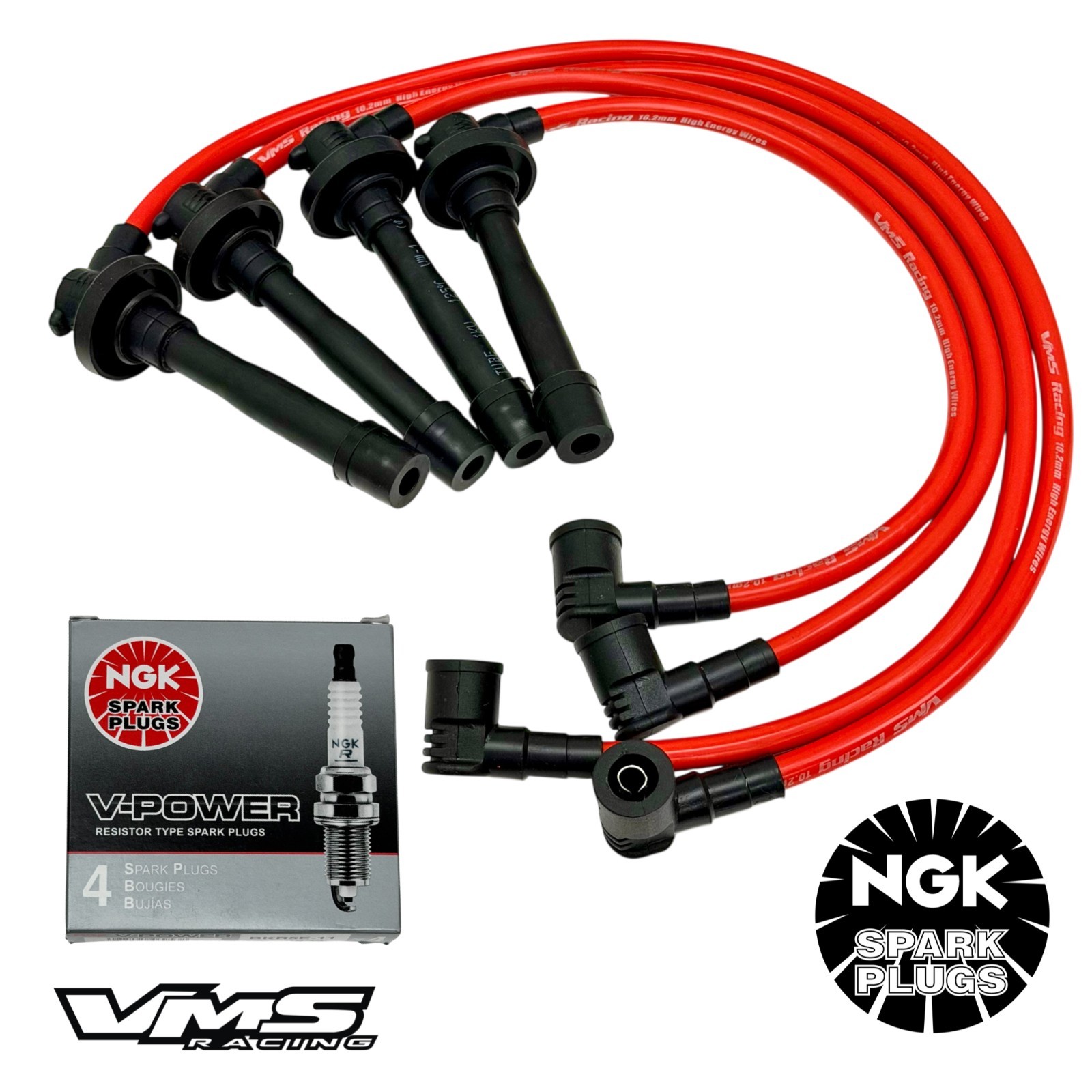 VMS 90-93 ACURA INTEGRA B18 10.2MM SPARK PLUG WIRES SET NGK V-POWER PLUGS RED