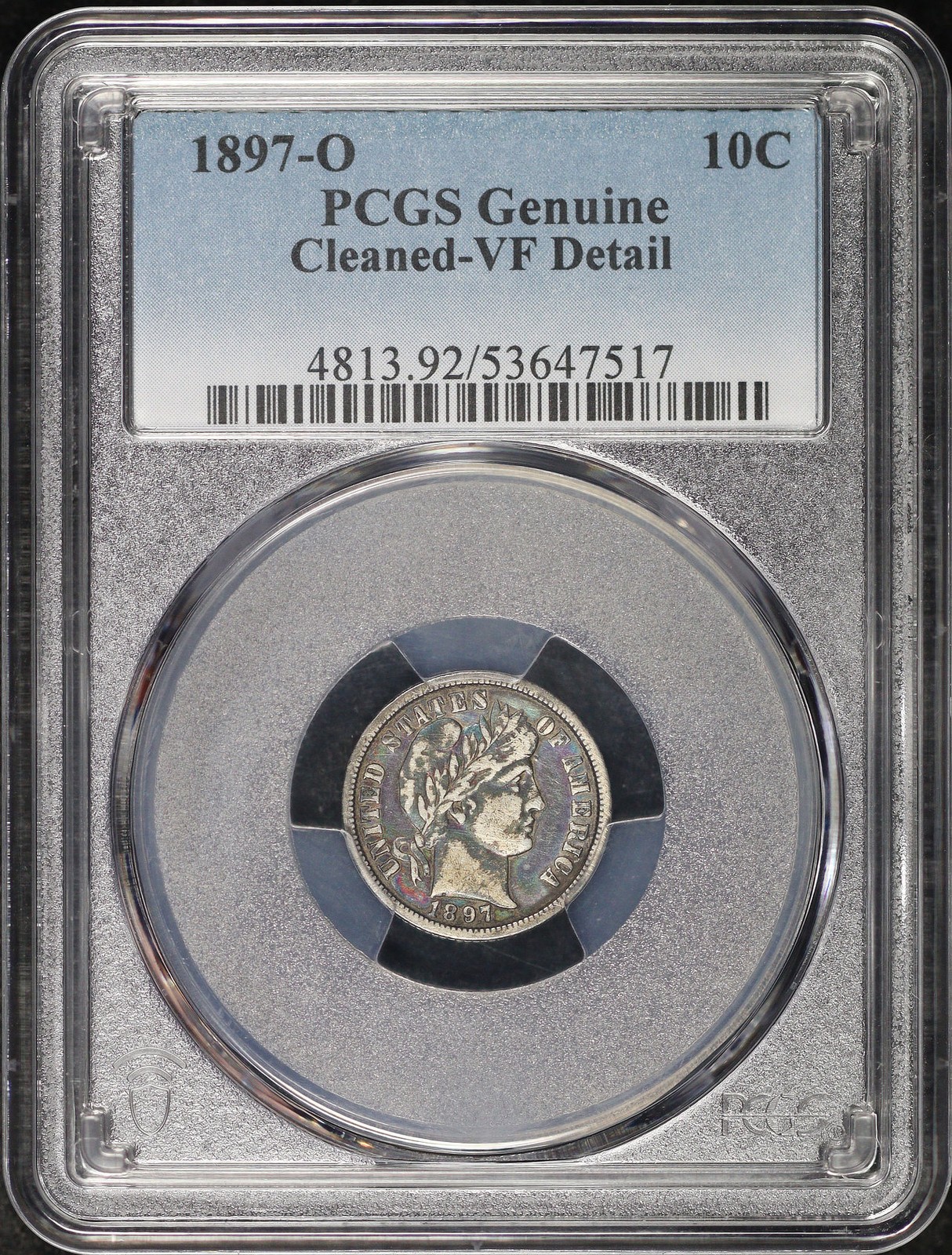 1897-O Barber Dime PCGS VF Details Cleaned - Blue & Sunset Hue Toning!